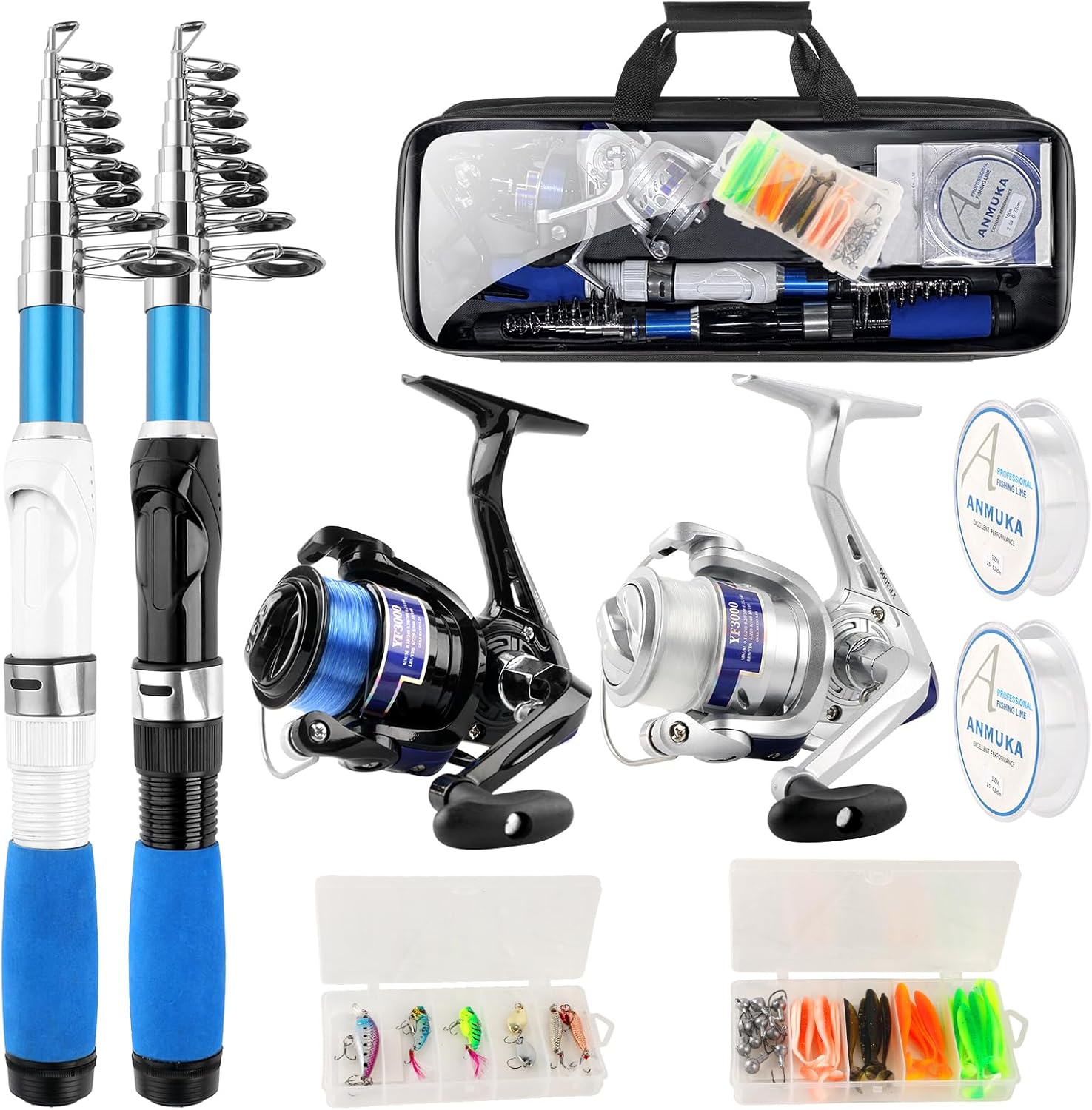 Fishing Rod and Reel Combo,2PCS 2.1M/6.89FT Collapsible Fishing Rod Set with 2PCS Spinning Reels 2 Set of Lures Baits 2PCS 100m Lines and a Carrier Bag,Fishing Pole Kit for Saltwater Freshwater · v2