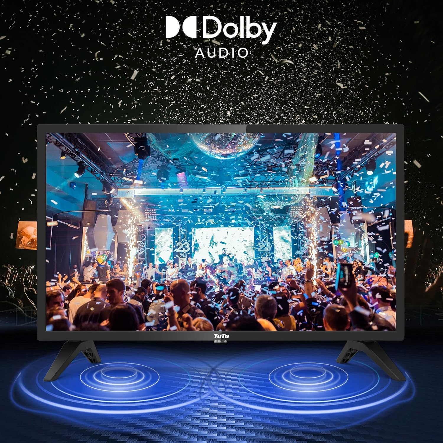 Televisore a schermo piatto TuTu da 24 pollici 60Hz 720P HD LED con Dolby Audio per casa, ufficio, HDMI, USB, VGA, altoparlanti a doppio canale RCA (modello 2023)