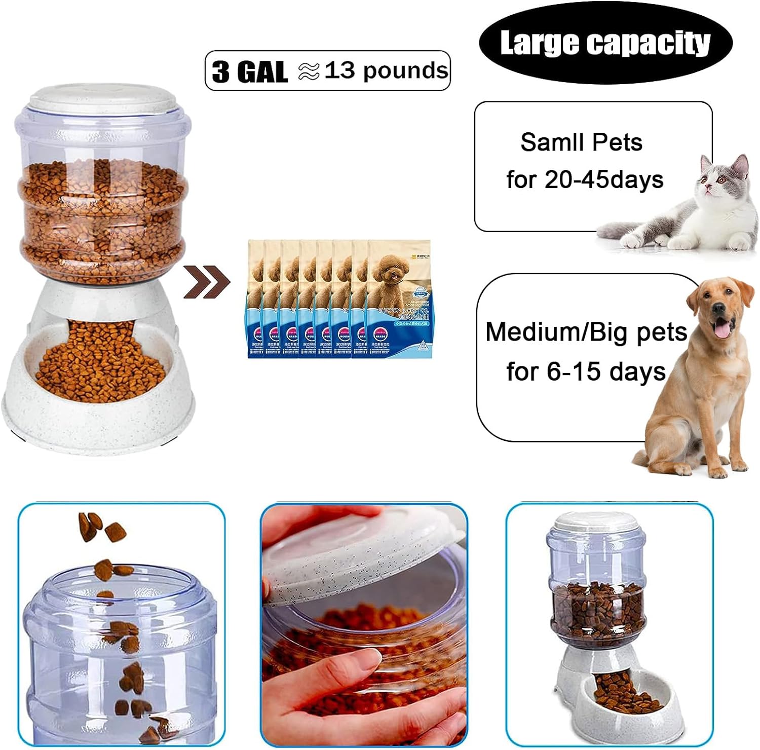 Comederos automáticos Kenond para perros grandes, comedero por gravedad para perros de 3 galones, raza grande, comedero automático para gatos, dispensador de comida para perros grandes, comedero para mascotas, comedero por gravedad para perros y gatos
