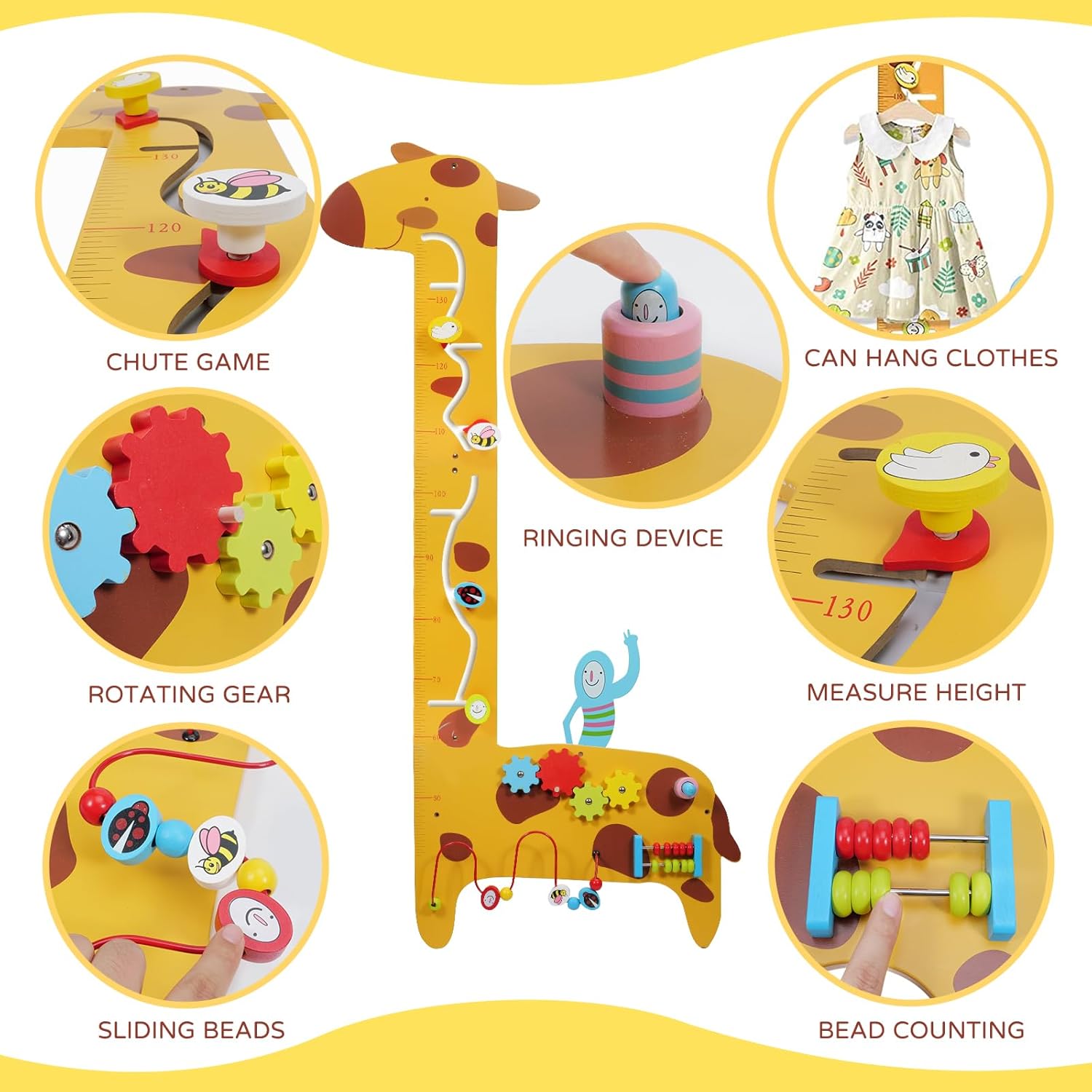 Activity Wall Panels for Toddlers,7 Activities Multifunctional Busy Board Wooden Wall Activity Center,Giraffe Height Ruler - Children’s Early Education Sensory Exercises-Kids Room Decor for Play · v4