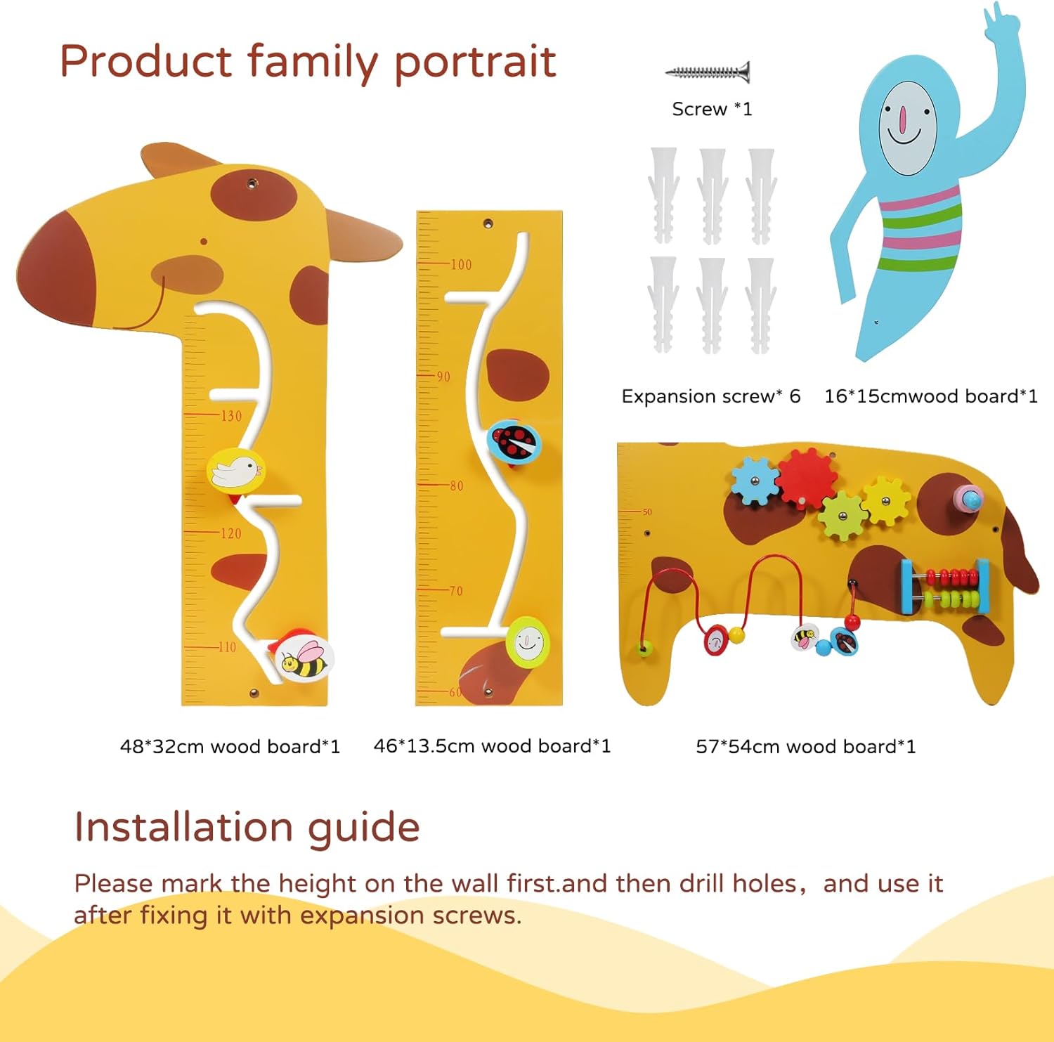 Activity Wall Panels for Toddlers,7 Activities Multifunctional Busy Board Wooden Wall Activity Center,Giraffe Height Ruler - Children’s Early Education Sensory Exercises-Kids Room Decor for Play · v4