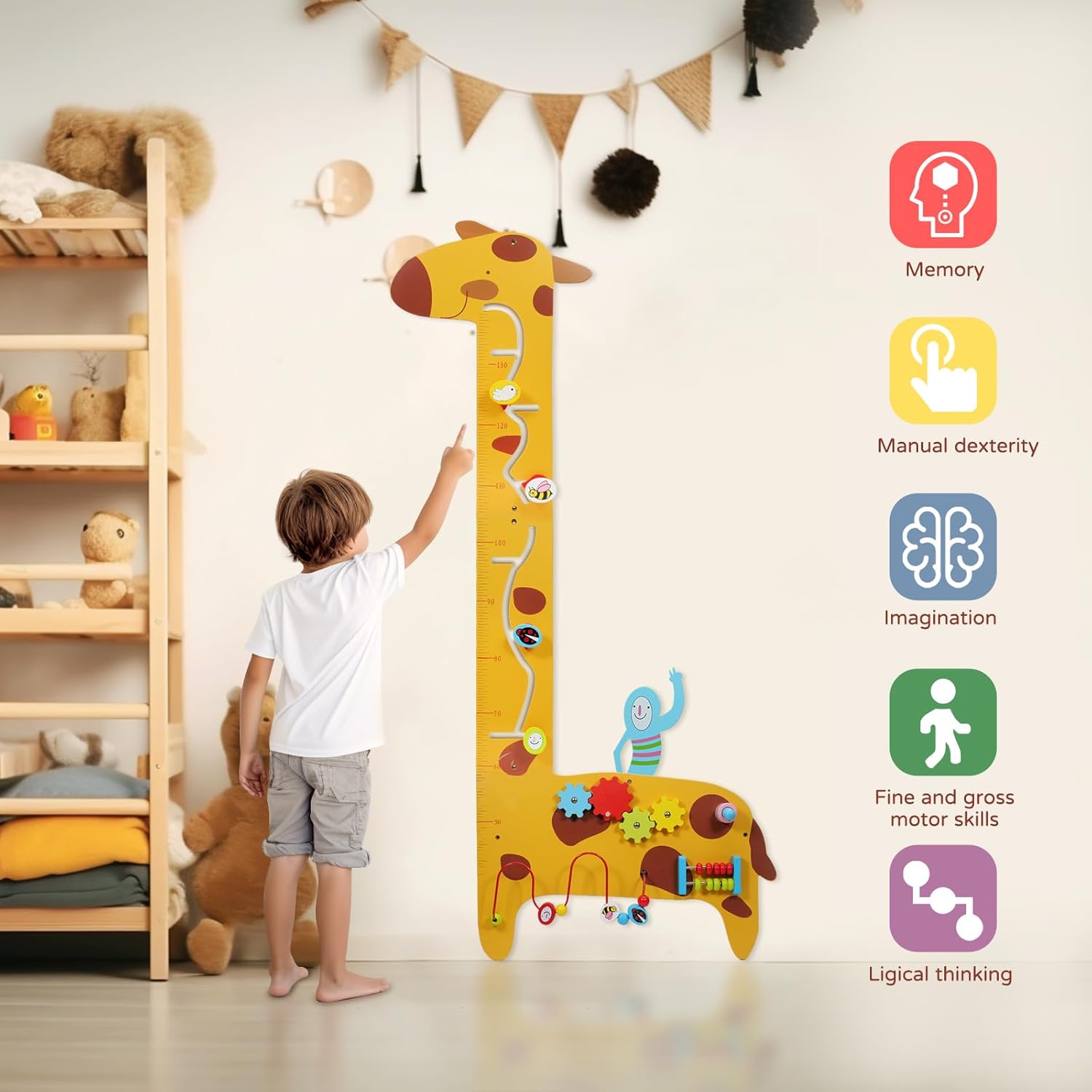 Activity Wall Panels for Toddlers,7 Activities Multifunctional Busy Board Wooden Wall Activity Center,Giraffe Height Ruler - Children’s Early Education Sensory Exercises-Kids Room Decor for Play · v4
