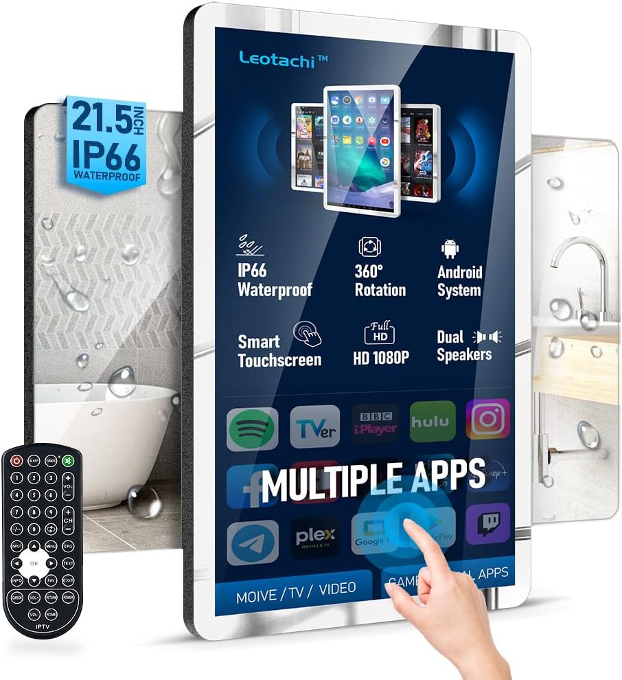 21.5 inch Smart Touchscreen Mirror IP66 Waterproof TV for Bathroom Shower - Support 360° Rotation, Full HD 1080P Built-in Android 11.0 OS WiFi/LAN/USB/BT/HDMI(Black) · v8