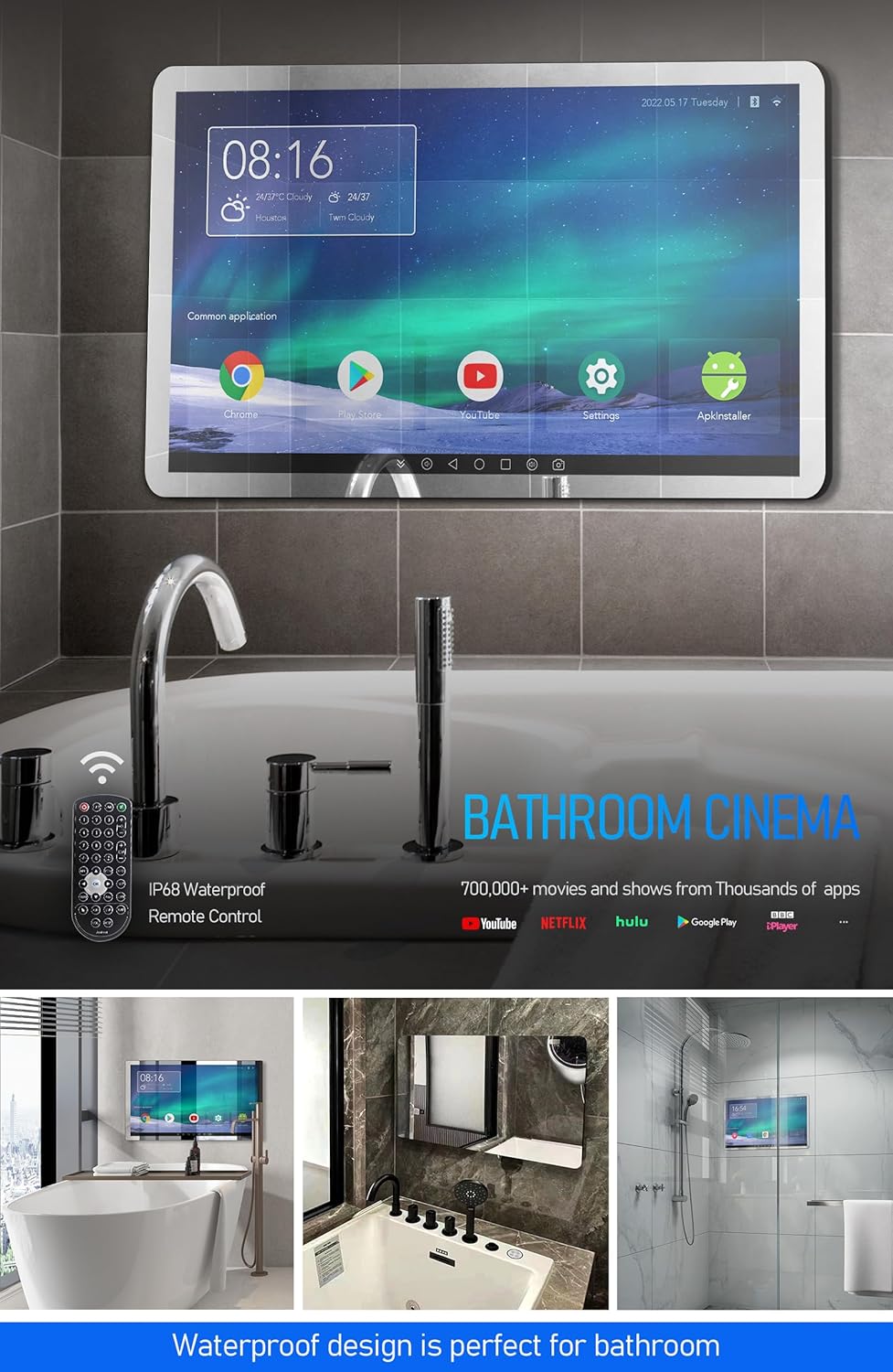 21.5 inch Smart Touchscreen Mirror IP66 Waterproof TV for Bathroom Shower - Support 360° Rotation, Full HD 1080P Built-in Android 11.0 OS WiFi/LAN/USB/BT/HDMI(Black) · v8