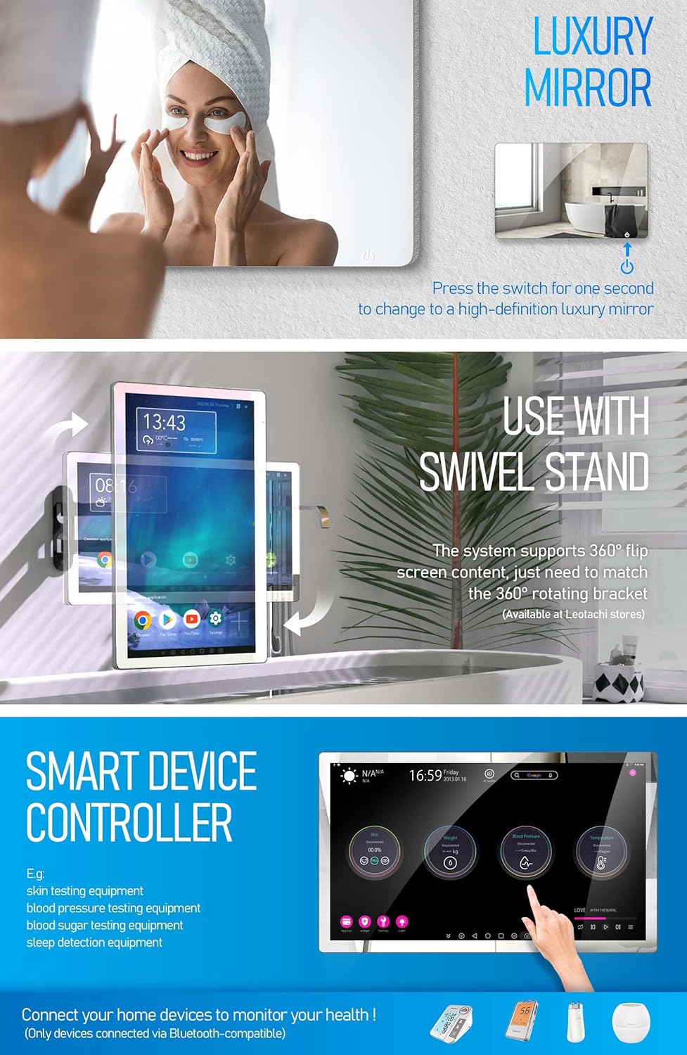 21.5 inch Smart Touchscreen Mirror IP66 Waterproof TV for Bathroom Shower - Support 360° Rotation, Full HD 1080P Built-in Android 11.0 OS WiFi/LAN/USB/BT/HDMI(Black) · v8