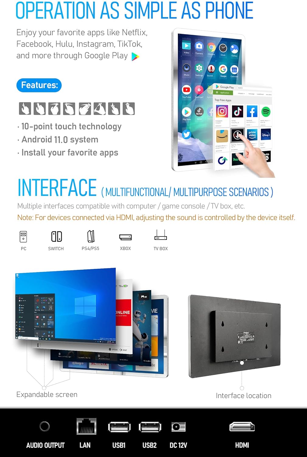 21.5 inch Smart Touchscreen Mirror IP66 Waterproof TV for Bathroom Shower - Support 360° Rotation, Full HD 1080P Built-in Android 11.0 OS WiFi/LAN/USB/BT/HDMI(Black) · v8