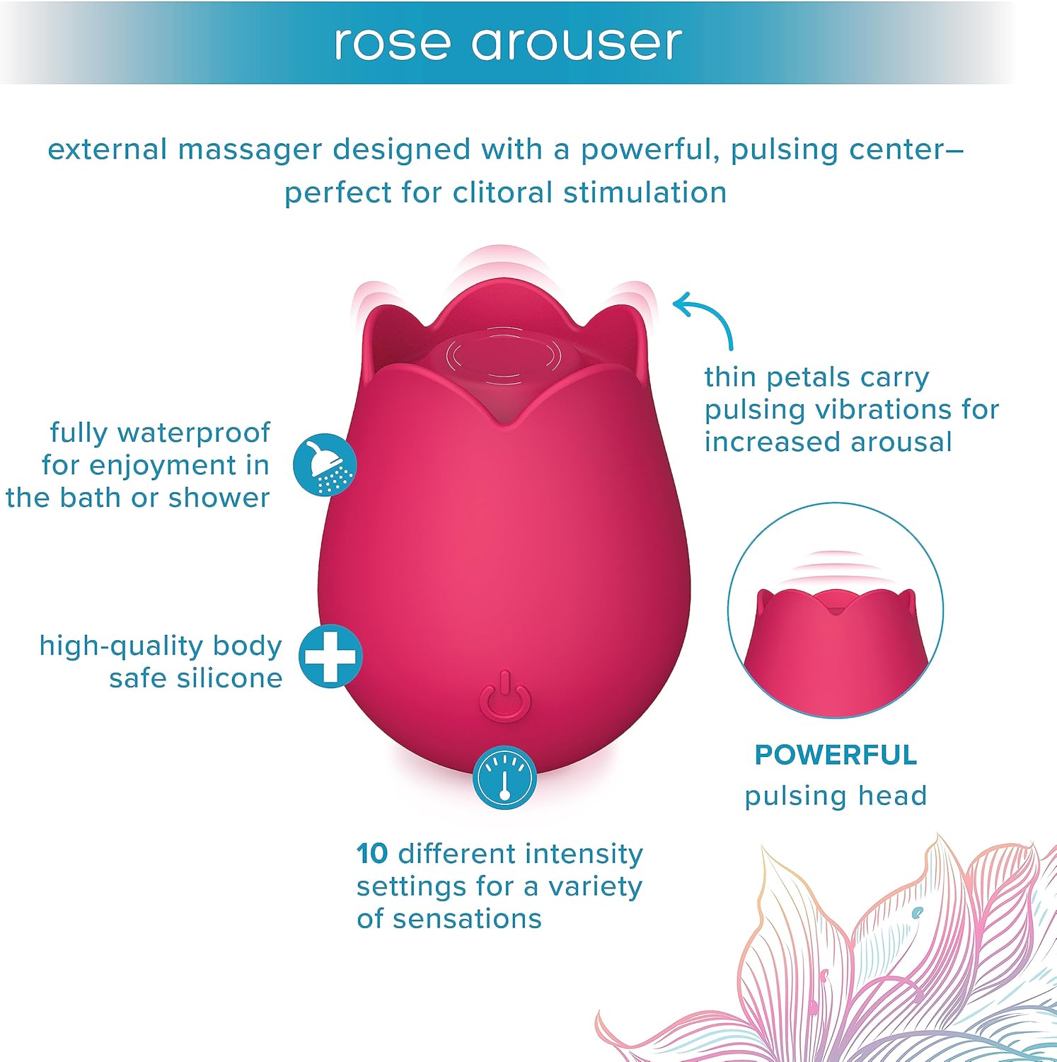 plusOne Rose Vibrator for Women - Clitoral Stimulator Made of Body-Safe Silicone, IPX-7 Waterproof, USB Rechargeable  10 Pulsing Settings, Red · v2