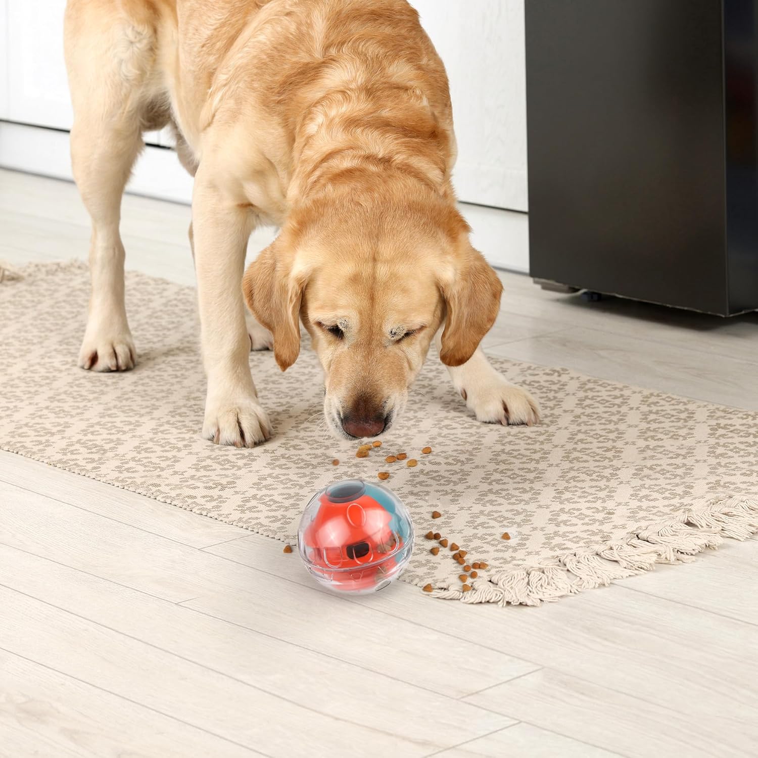 Boule à friandises pour chiens PrimePets, jouets interactifs à distribution de nourriture réglable, boule à friandises à alimentation lente, 4,8 pieds vert/rouge