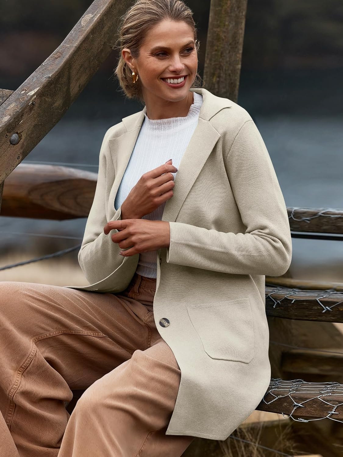 MEROKEETY Womens Open Front Cardigan Coat Long Sleeve Lapel Casual Knit Button Sweater Jackets with Pockets · v3