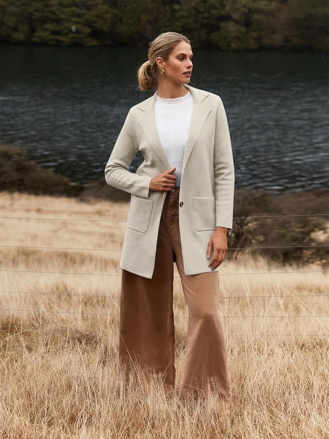 MEROKEETY Womens Open Front Cardigan Coat Long Sleeve Lapel Casual Knit Button Sweater Jackets with Pockets · v3
