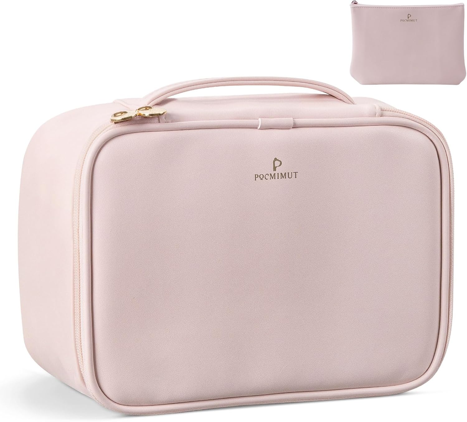Pocmimut Makeup Bag,PU Leather Make Up Bag Cosmetic Bag,Large Makeup Bag with Brush Holder for Women(Pink)