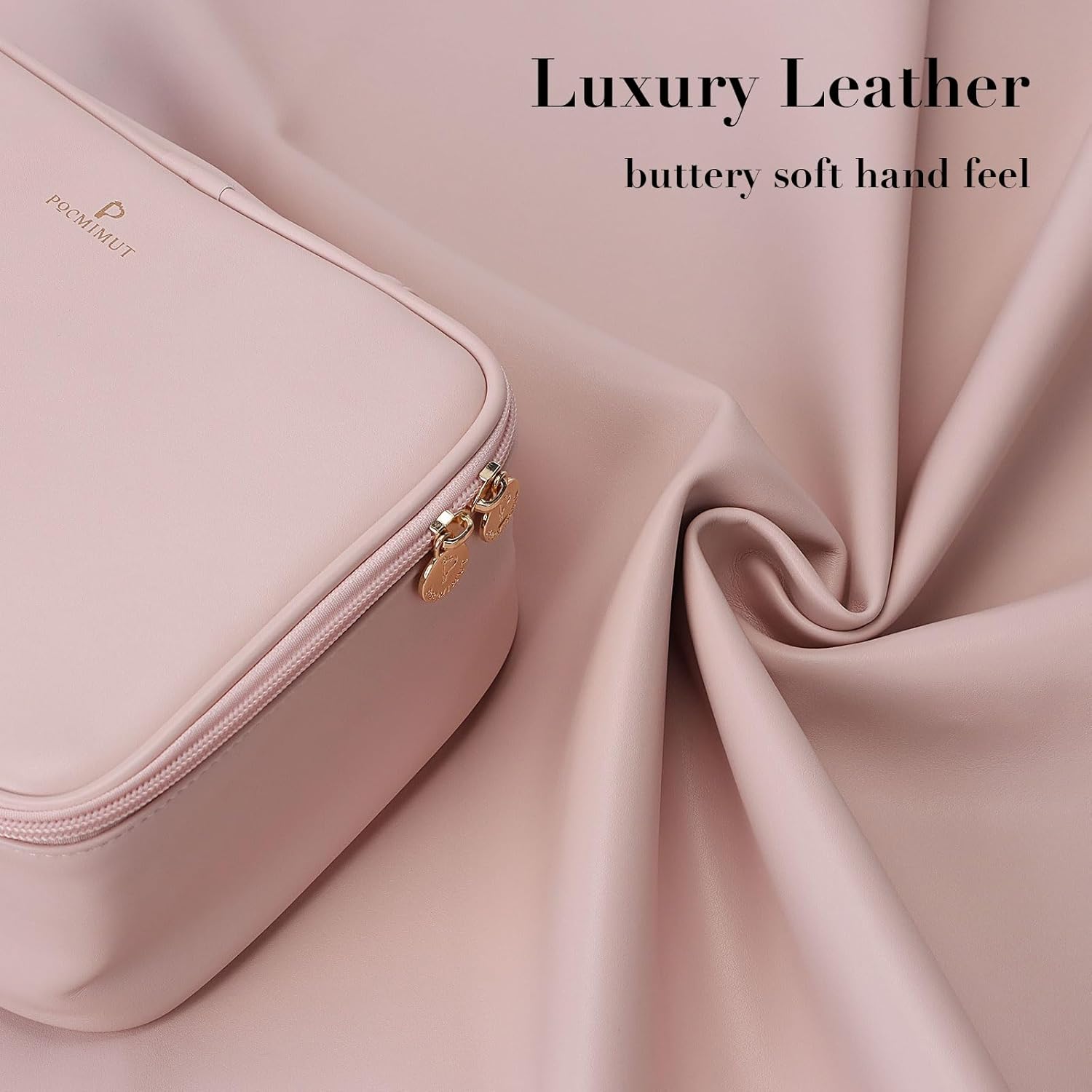 Pocmimut Makeup Bag,PU Leather Make Up Bag Cosmetic Bag,Large Makeup Bag with Brush Holder for Women(Pink) · v2