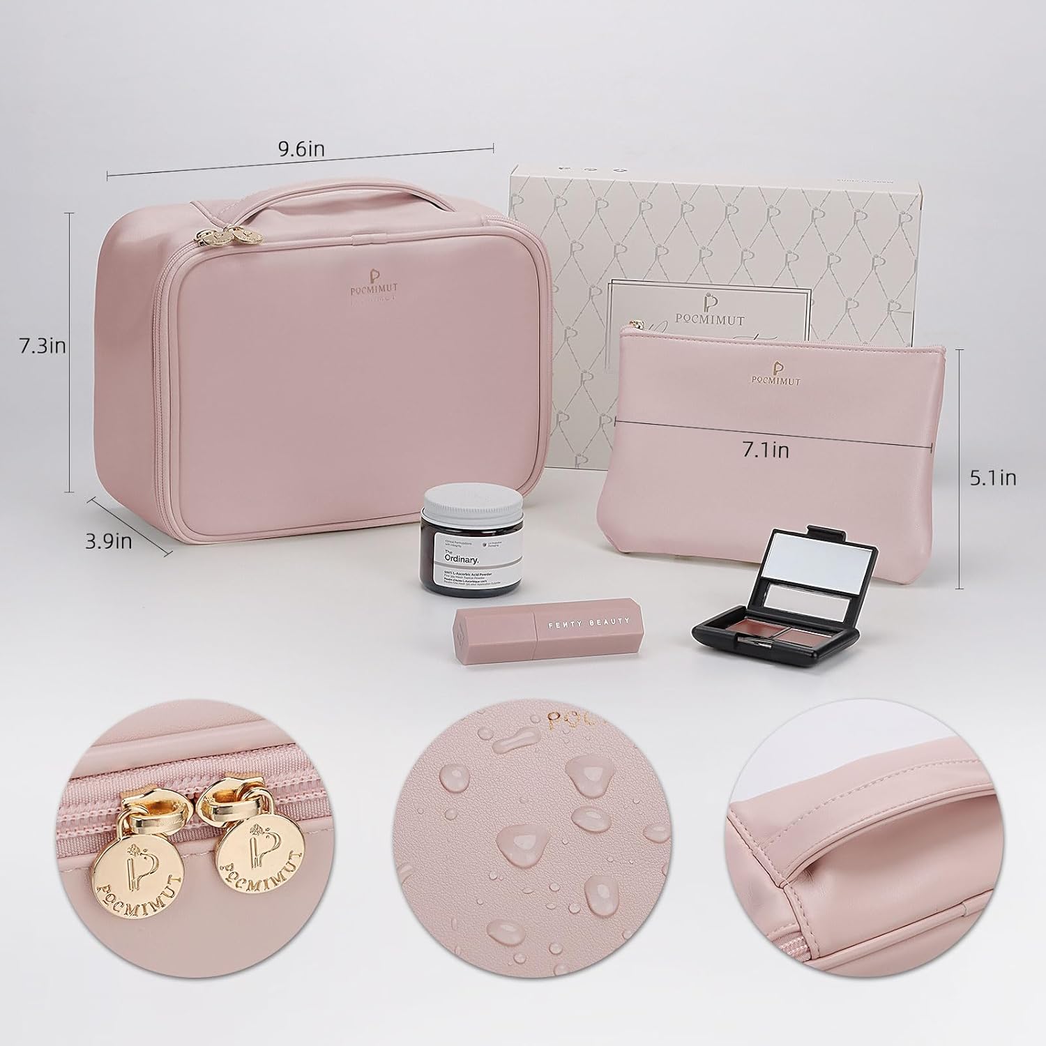Pocmimut Makeup Bag,PU Leather Make Up Bag Cosmetic Bag,Large Makeup Bag with Brush Holder for Women(Pink) · v2