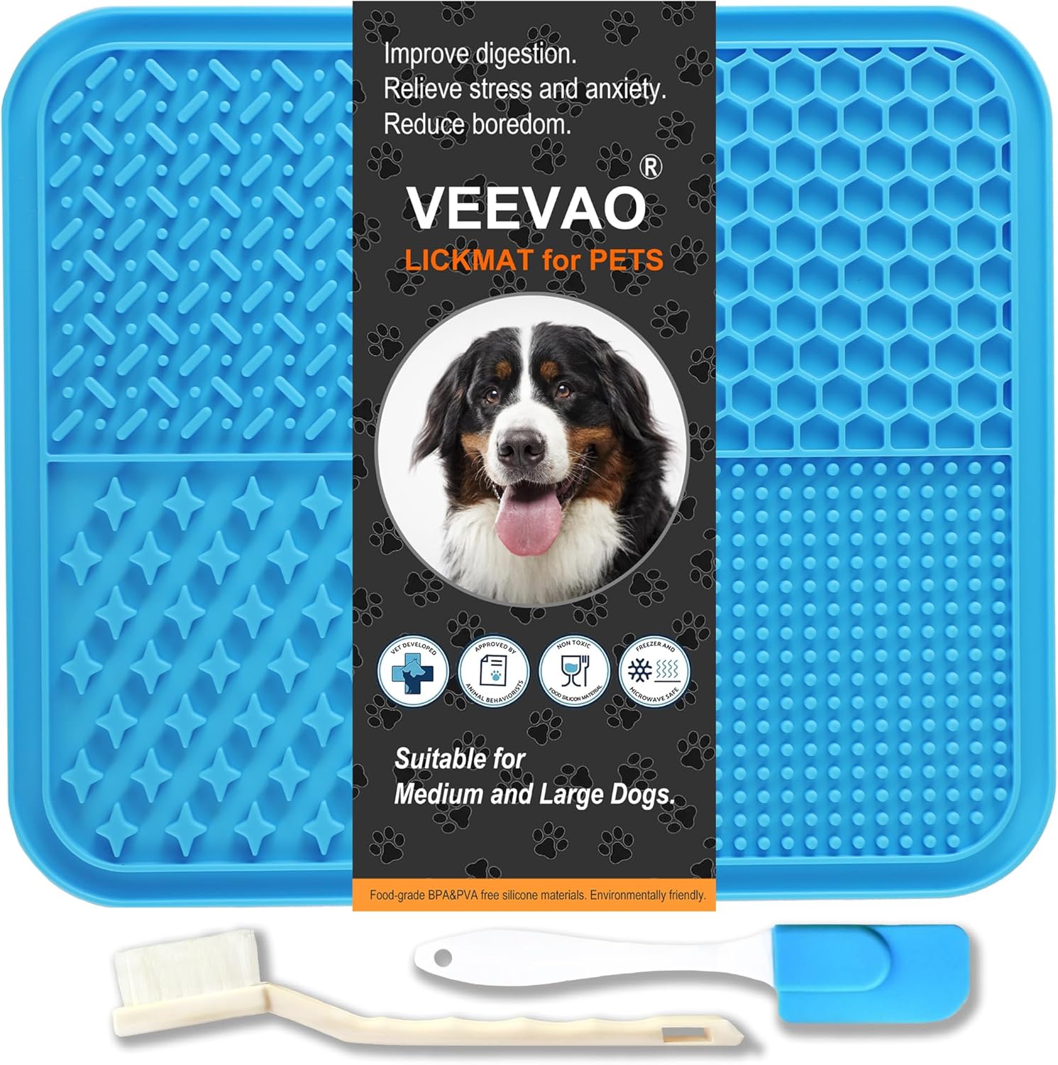 Tapis à lécher XL pour chiens de grande taille, tapis à lécher pour chiens en silicone de qualité alimentaire de 12 x 10 pouces avec ventouses, tapis à lécher pour grands chiens pour soulager l'anxiété, tapis à lécher au beurre de cacahuète pour briser l'ennui (BLEU)