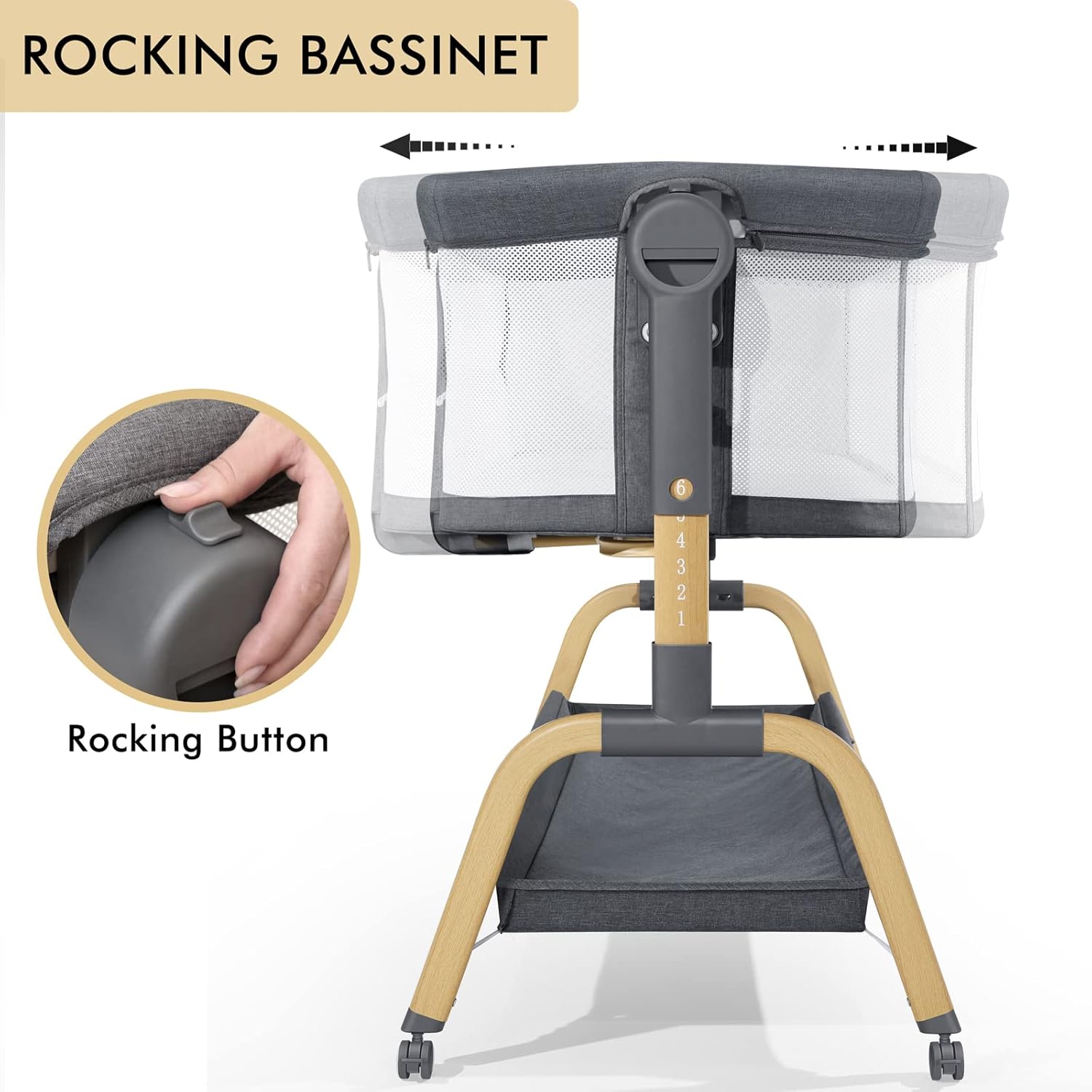 3 in 1 Baby Bassinet, Rocking Bassinet with Storage Basket and Wheels, Adjustable Height Bassinet Bedside Sleeper, Easy Folding Portable Crib for Newborn