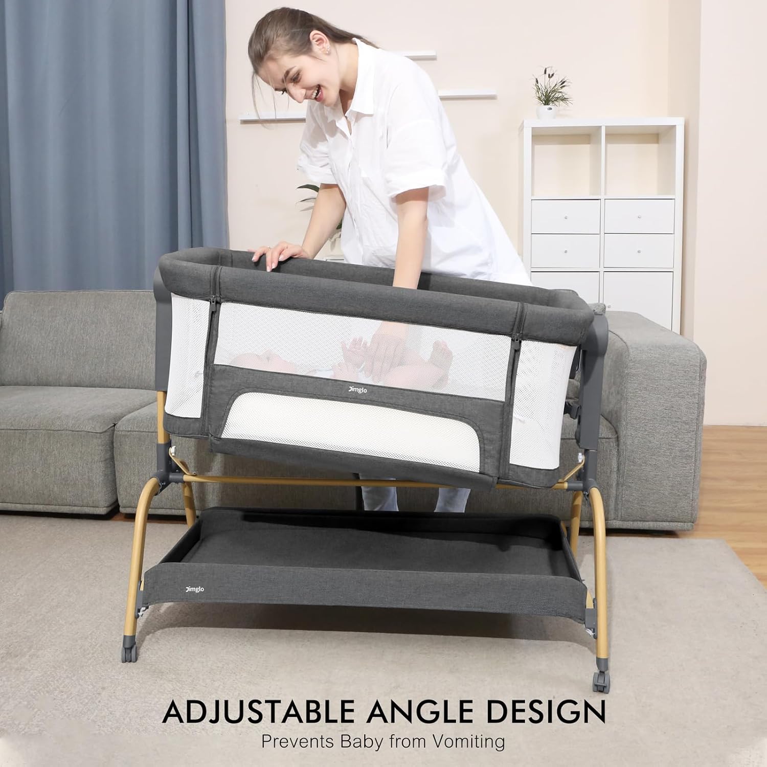 3 in 1 Baby Bassinet, Rocking Bassinet with Storage Basket and Wheels, Adjustable Height Bassinet Bedside Sleeper, Easy Folding Portable Crib for Newborn