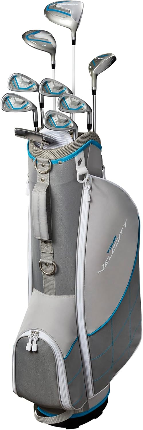 Set completo da golf Wilson Tour Velocity con sacca da cavalletto - mano destra da donna, flessibile da donna, grigio/blu