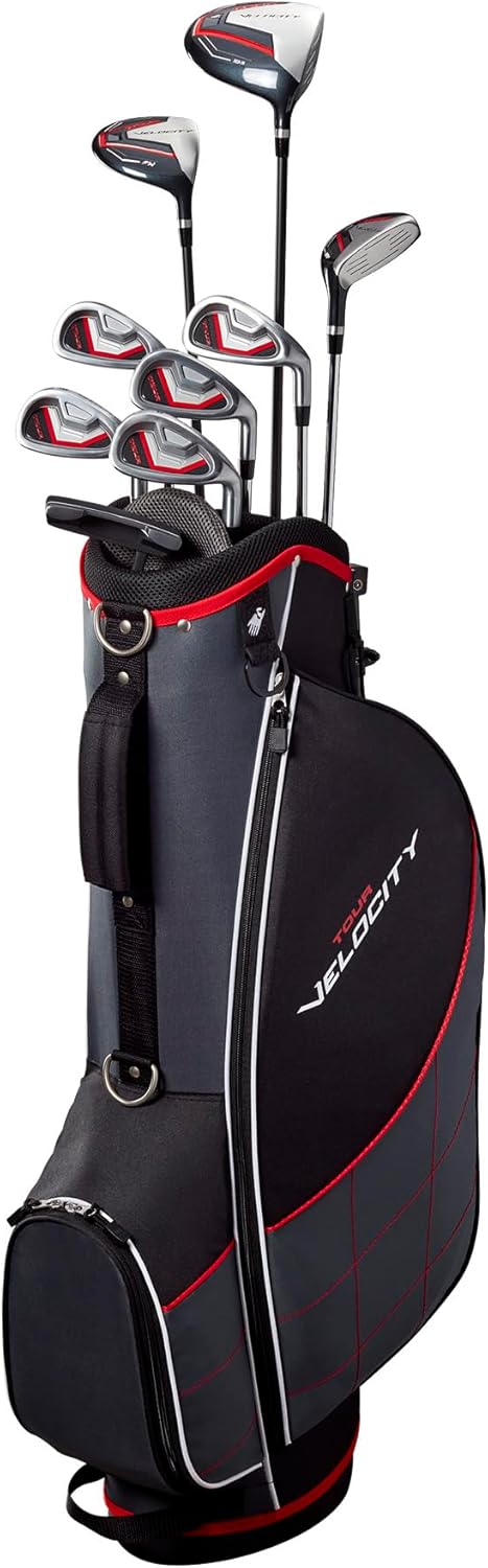 Set completo da golf Wilson Tour Velocity con sacca da cavalletto - Mano destra da uomo, Flex regolare, nero/rosso