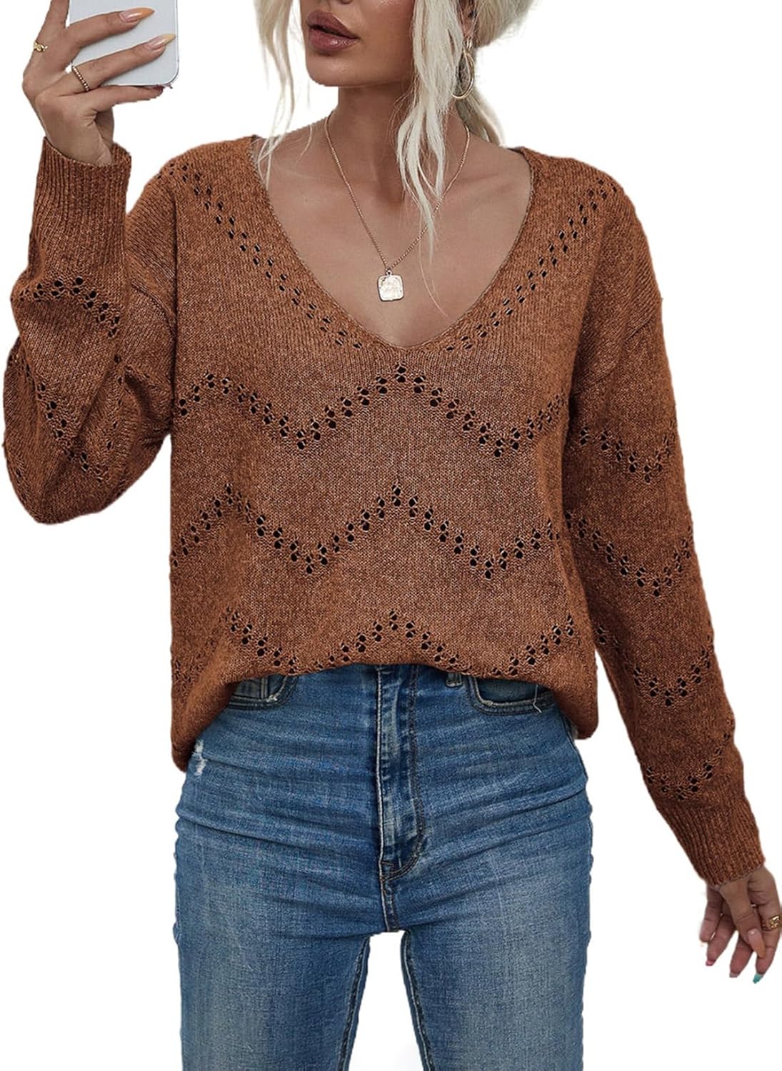 EVALESS Womens Crochet Sweater Top Hollow Out Long Sleeve Pullover Tops Fall Outfits Fashion 2024 · v3