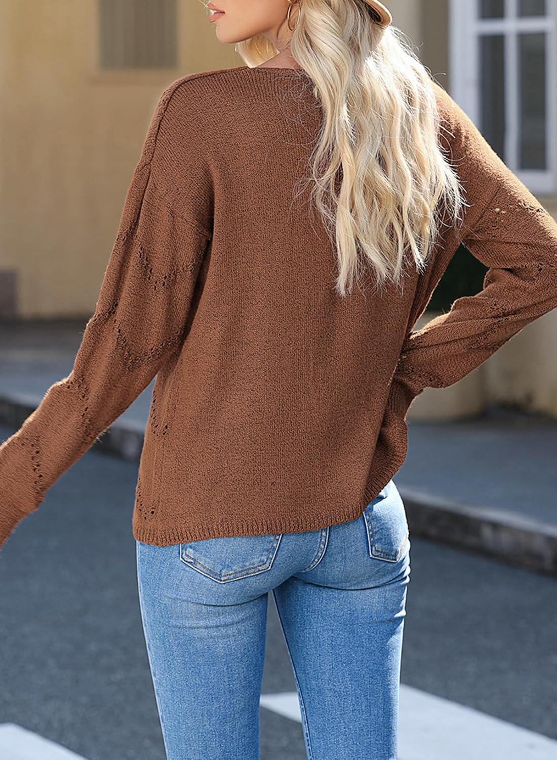EVALESS Womens Crochet Sweater Top Hollow Out Long Sleeve Pullover Tops Fall Outfits Fashion 2024 · v3