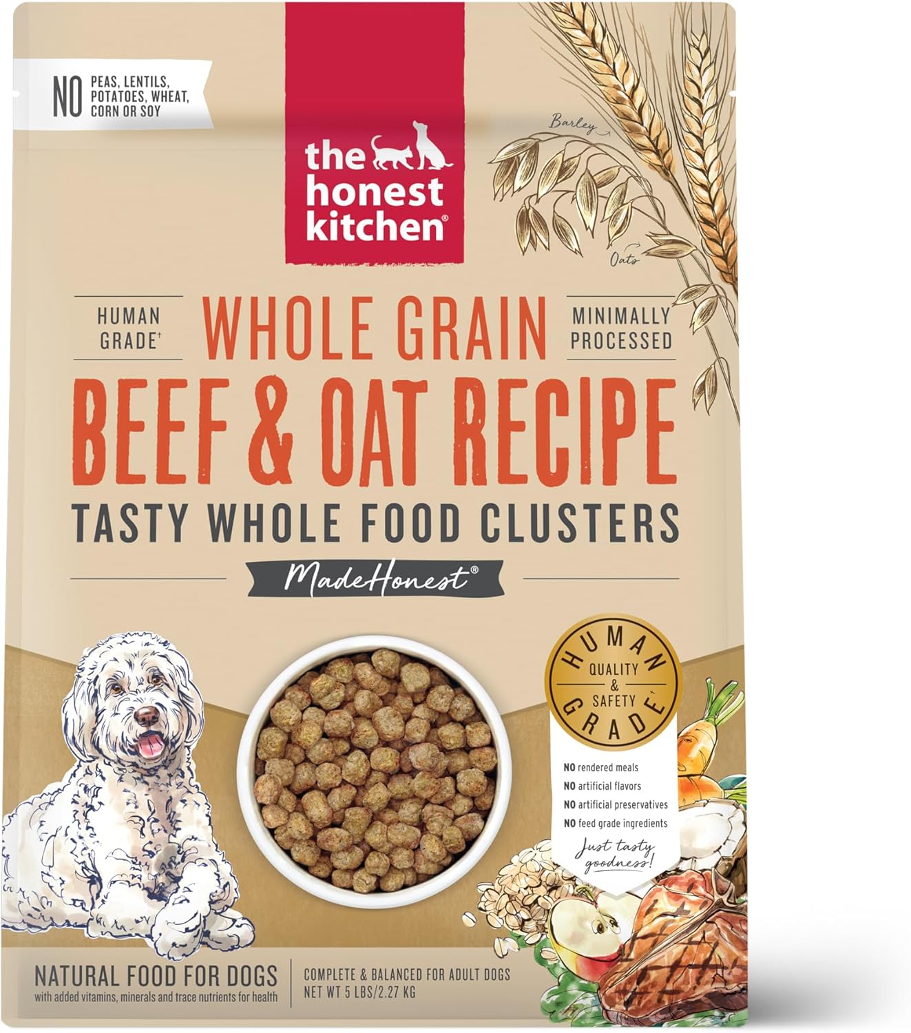 Alimento seco para perros The Honest Kitchen Whole Food Clusters, integral, ternera, avena, bolsa de 5 libras