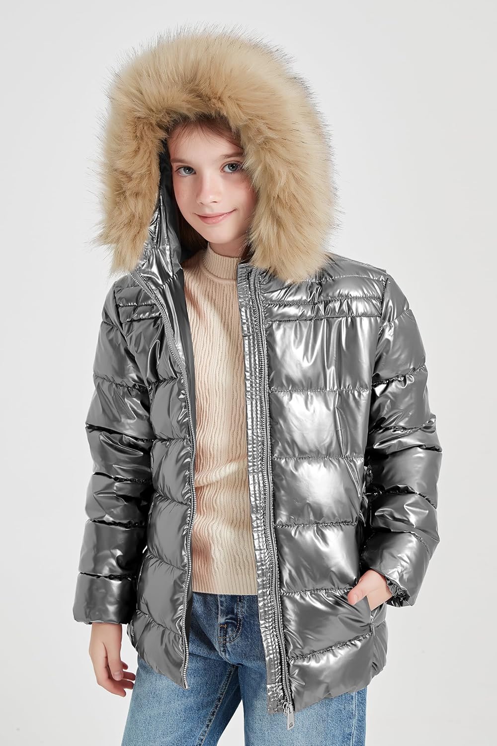 Giolshon Winter Girls Thickened Puffer coat shining Padded jacket Kids Ski Snow Outwear with Faux Fur Collar 7695