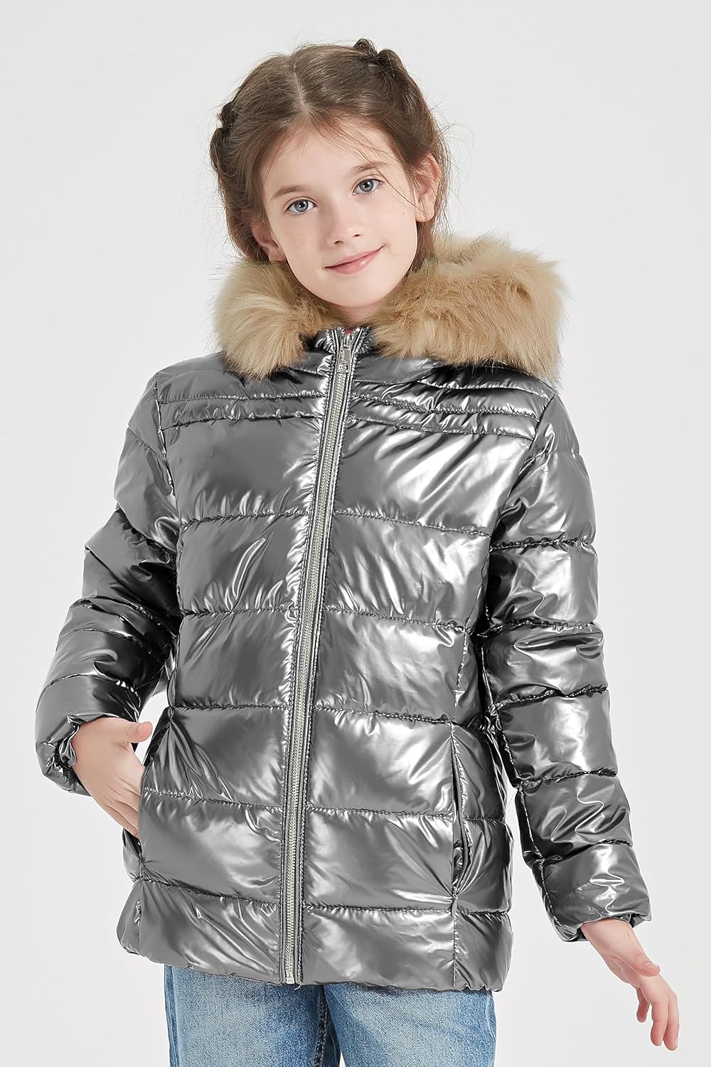 Giolshon Winter Girls Thickened Puffer coat shining Padded jacket Kids Ski Snow Outwear with Faux Fur Collar 7695