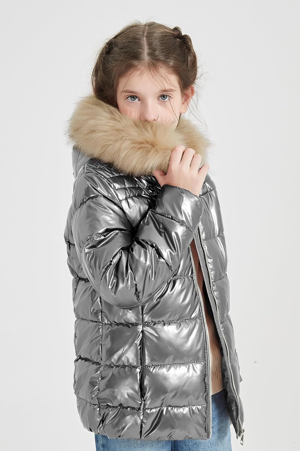 Giolshon Winter Girls Thickened Puffer coat shining Padded jacket Kids Ski Snow Outwear with Faux Fur Collar 7695