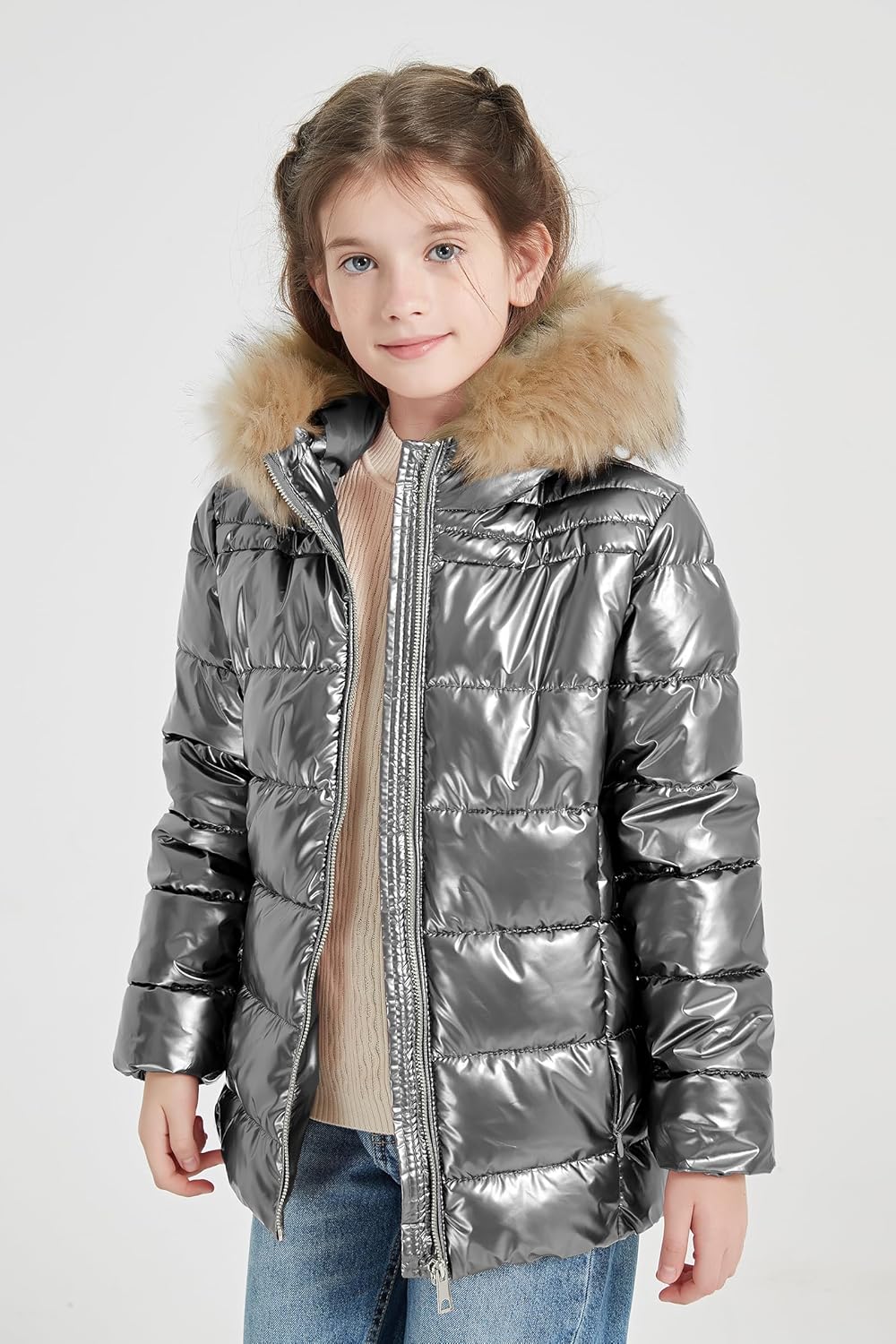 Giolshon Winter Girls Thickened Puffer coat shining Padded jacket Kids Ski Snow Outwear with Faux Fur Collar 7695