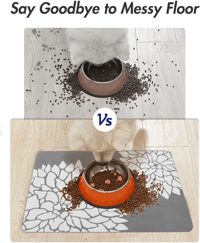 MontVoo-Pet Feeding Mat-Absorbent Floral CatDog Food Mat-Dog Mat for Food and Water Bowl-No Watermark Quick Dry Dog Water Dispenser Mat Pet Placemat-Pet Supplies amp; Accessories1219 Grey