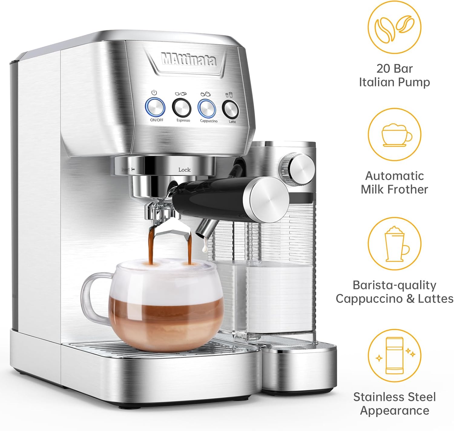 Máquina de café espresso, máquinas de capuchino de 20 bares para el hogar, máquina de café con espumador de leche automático, cafetera con filtros ESE de doble pared