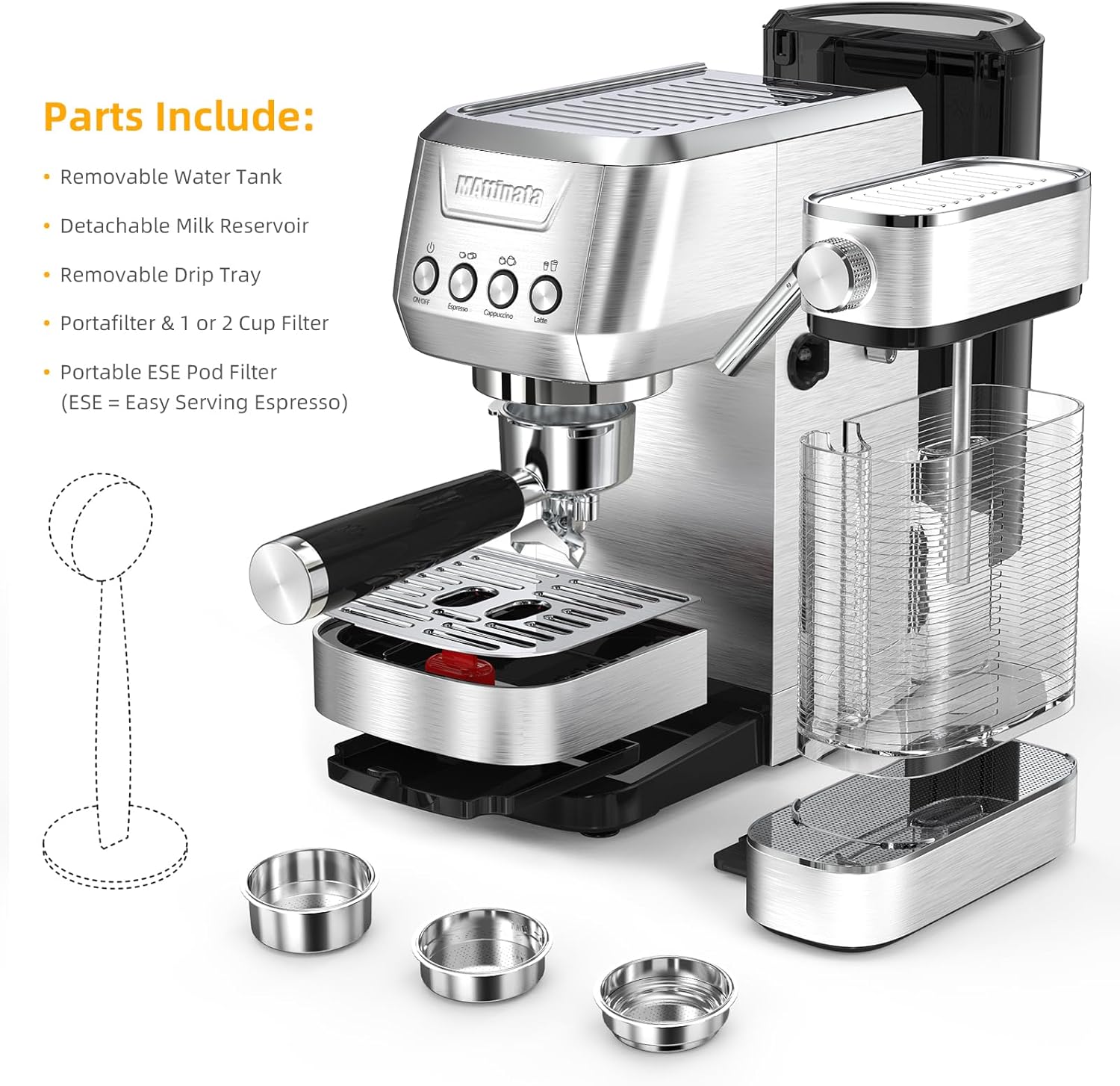 Máquina de café espresso, máquinas de capuchino de 20 bares para el hogar, máquina de café con espumador de leche automático, cafetera con filtros ESE de doble pared