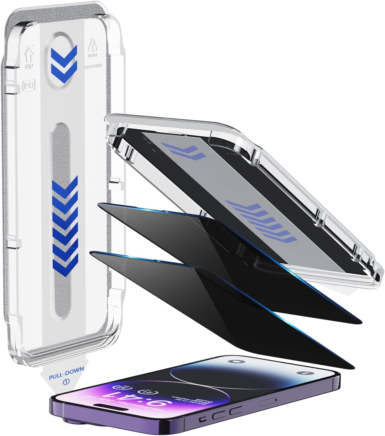 Lot de 2 films de protection d'écran Protescreen pour iPhone 14 Pro 6.1, [Élimination automatique de la poussière] [Installation par alignement automatique] Film en verre trempé 9H anti-espionnage privé à 26°, protection contre la lumière bleue HD
