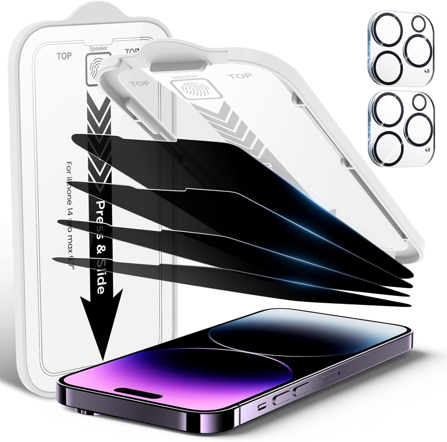 EZ-GLAZ-4 Pack Privacy Screen Protector for iPhone 14 Pro Max[6.7 inches] With 2 Pack Camera Lens Protector, [Drop Protection] 9H Hardness Scratch Resistant Tempered Glass Film, Easy to install