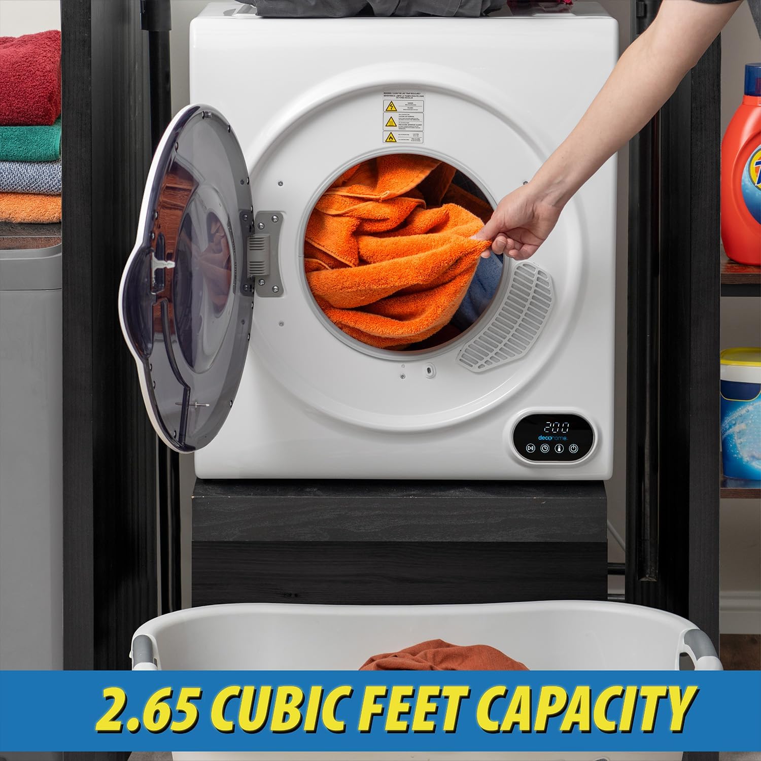 เครื่องอบผ้าฝาหน้า Deco Home 1400W พร้อมถังซักสแตนเลส โปรแกรมอบผ้า 4 โปรแกรม เซ็นเซอร์วัดความชื้นอัตโนมัติ แผงสัมผัส LCD ท่อไอเสีย