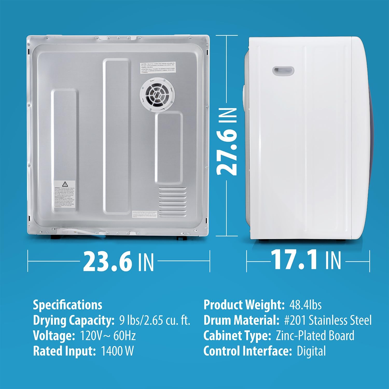 เครื่องอบผ้าฝาหน้า Deco Home 1400W พร้อมถังซักสแตนเลส โปรแกรมอบผ้า 4 โปรแกรม เซ็นเซอร์วัดความชื้นอัตโนมัติ แผงสัมผัส LCD ท่อไอเสีย