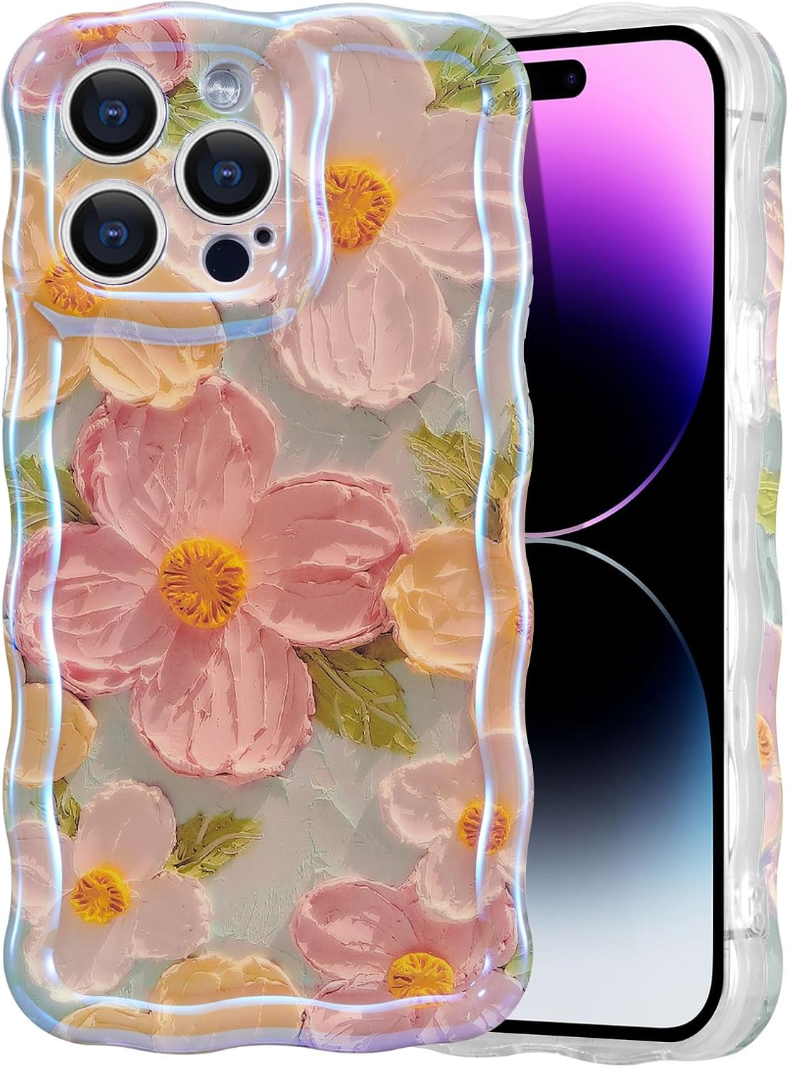 EYZUTAK Case for iPhone 13 Pro, Colorful Retro Oil Painting Printed Flower Laser Glossy Pattern Cute Curly Waves Border Exquisite Phone Cover Stylish Durable TPU Protective Case for Girls Women -Green