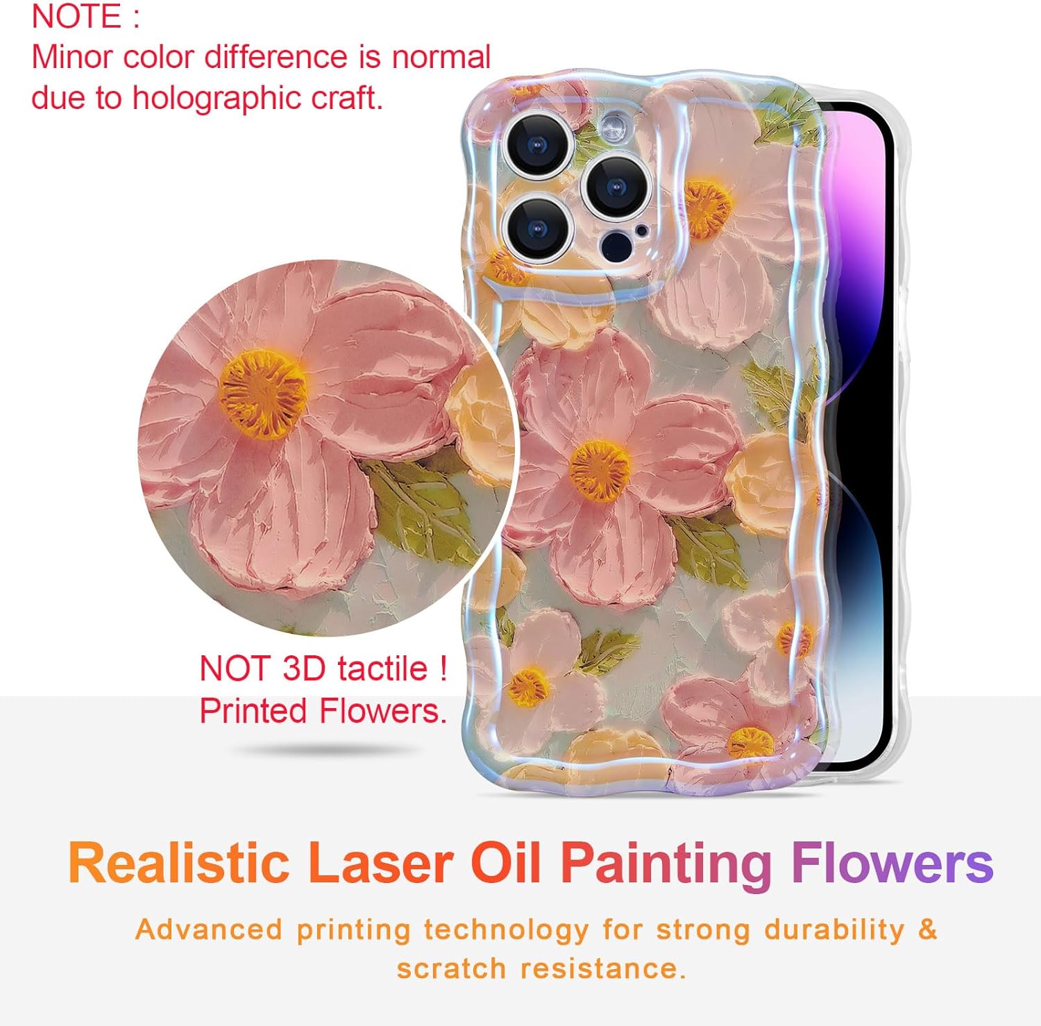 EYZUTAK Case for iPhone 13 Pro, Colorful Retro Oil Painting Printed Flower Laser Glossy Pattern Cute Curly Waves Border Exquisite Phone Cover Stylish Durable TPU Protective Case for Girls Women -Green