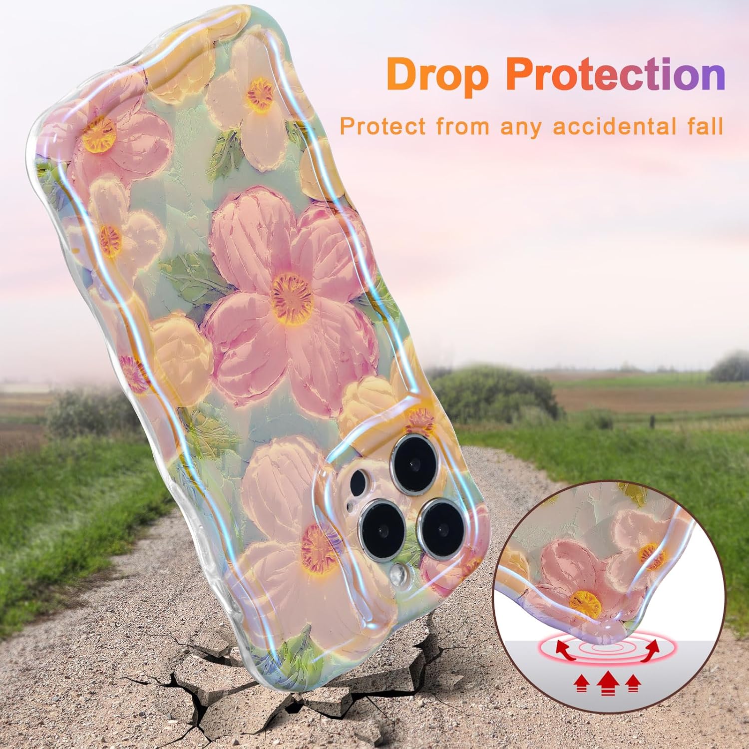 EYZUTAK Case for iPhone 13 Pro, Colorful Retro Oil Painting Printed Flower Laser Glossy Pattern Cute Curly Waves Border Exquisite Phone Cover Stylish Durable TPU Protective Case for Girls Women -Green