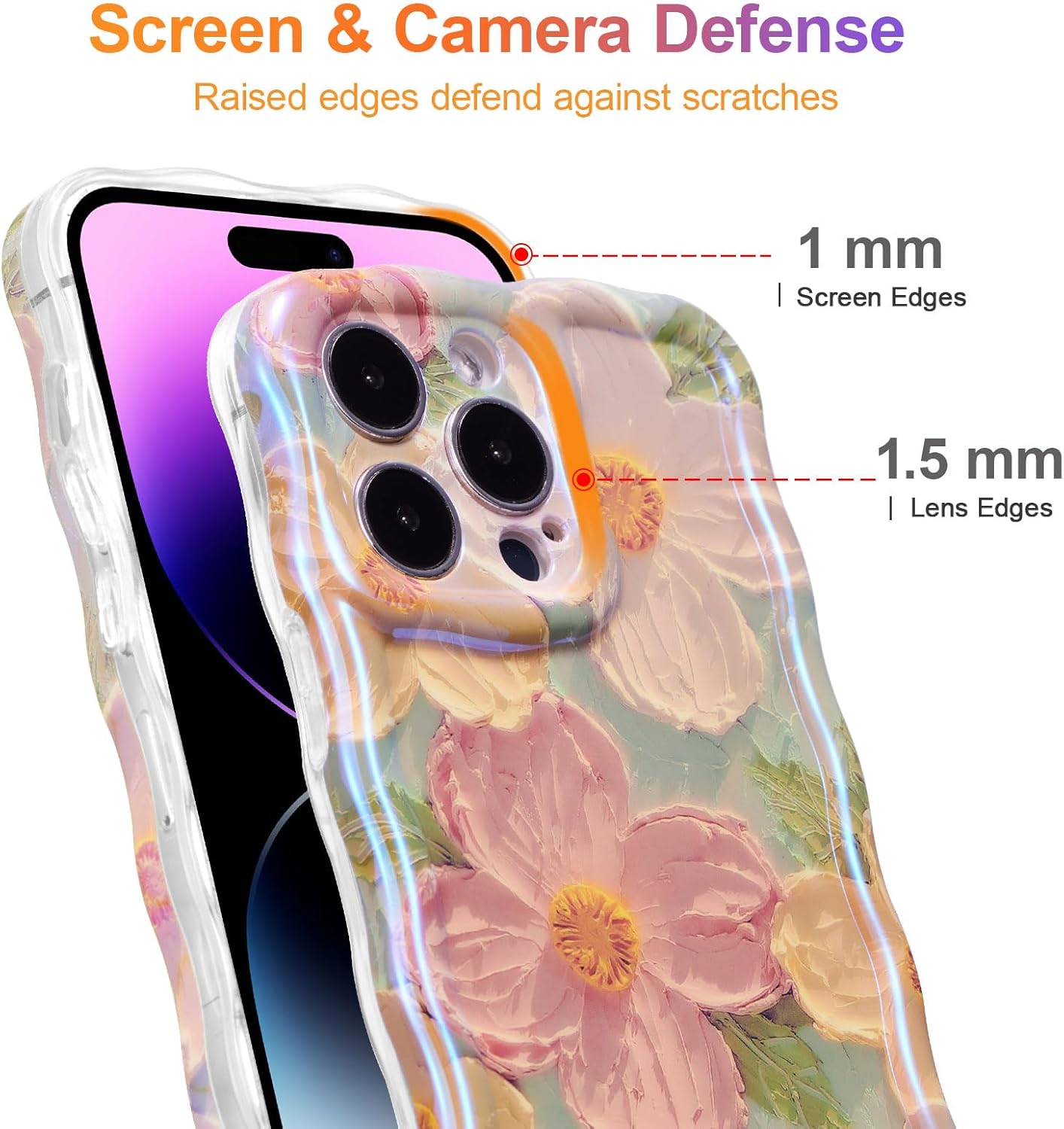 EYZUTAK Case for iPhone 13 Pro, Colorful Retro Oil Painting Printed Flower Laser Glossy Pattern Cute Curly Waves Border Exquisite Phone Cover Stylish Durable TPU Protective Case for Girls Women -Green