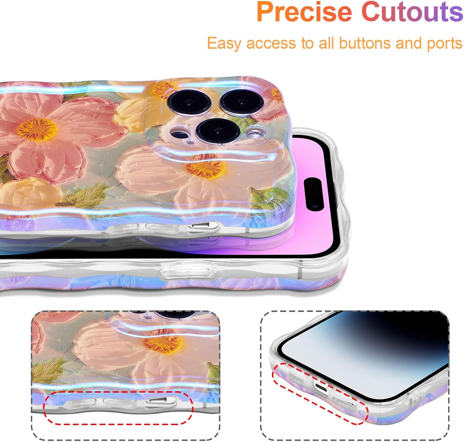 EYZUTAK Case for iPhone 13 Pro, Colorful Retro Oil Painting Printed Flower Laser Glossy Pattern Cute Curly Waves Border Exquisite Phone Cover Stylish Durable TPU Protective Case for Girls Women -Green