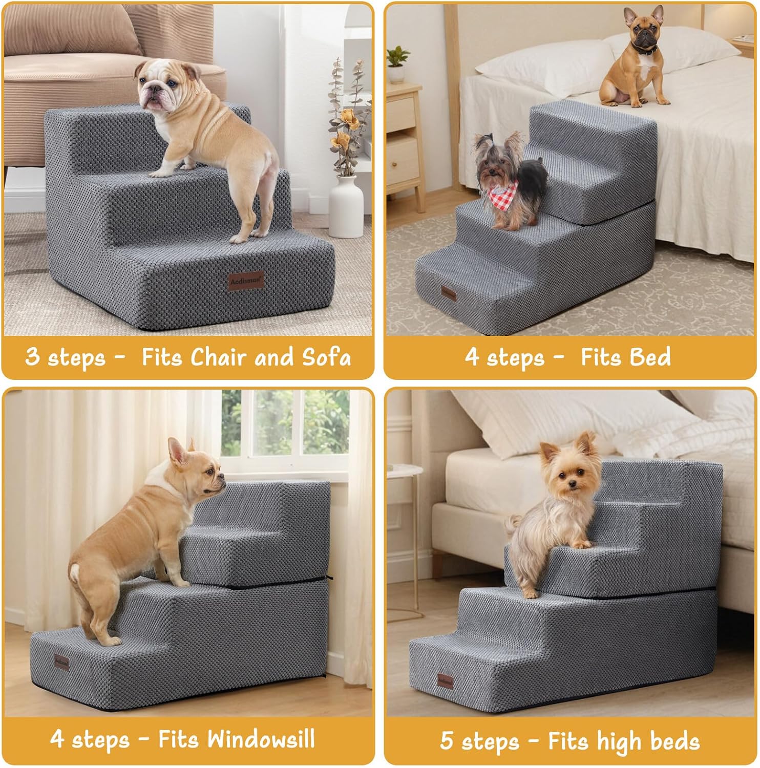 Dog Stairs for Small Dog, 4-Step Dog Steps for High Beds and Couch, Non-Slip Pet Stairs for Small Dogs and Cats,Dog Bed Stairs, Grey, 3/4/5 Steps · v11