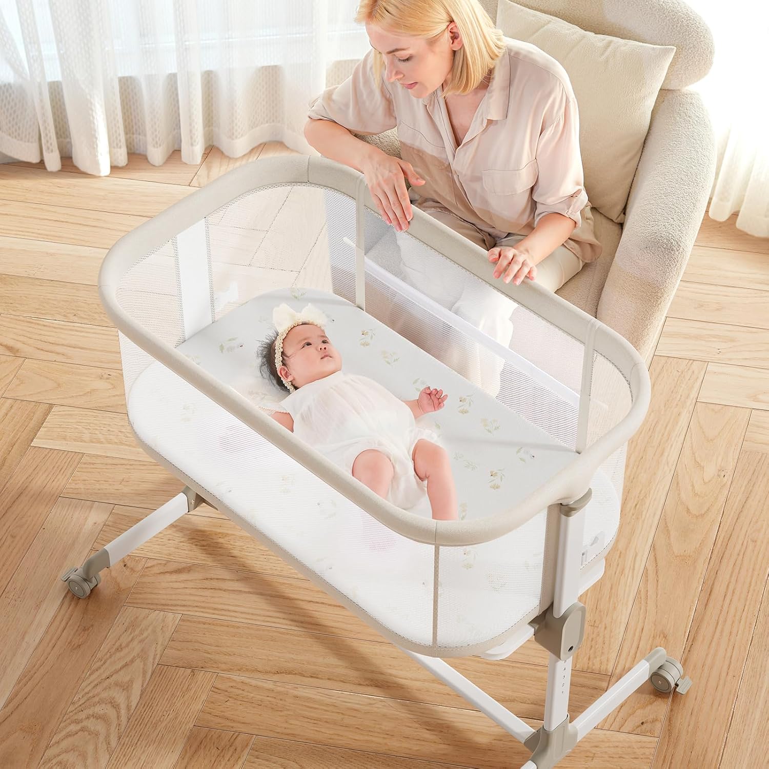 Fodoss Baby Bassinets Bedside Sleeper - All Mesh Bedside Bassinet with Wheels, 7 Height Adjustable Baby Bassinet for Infants, Beige · v2