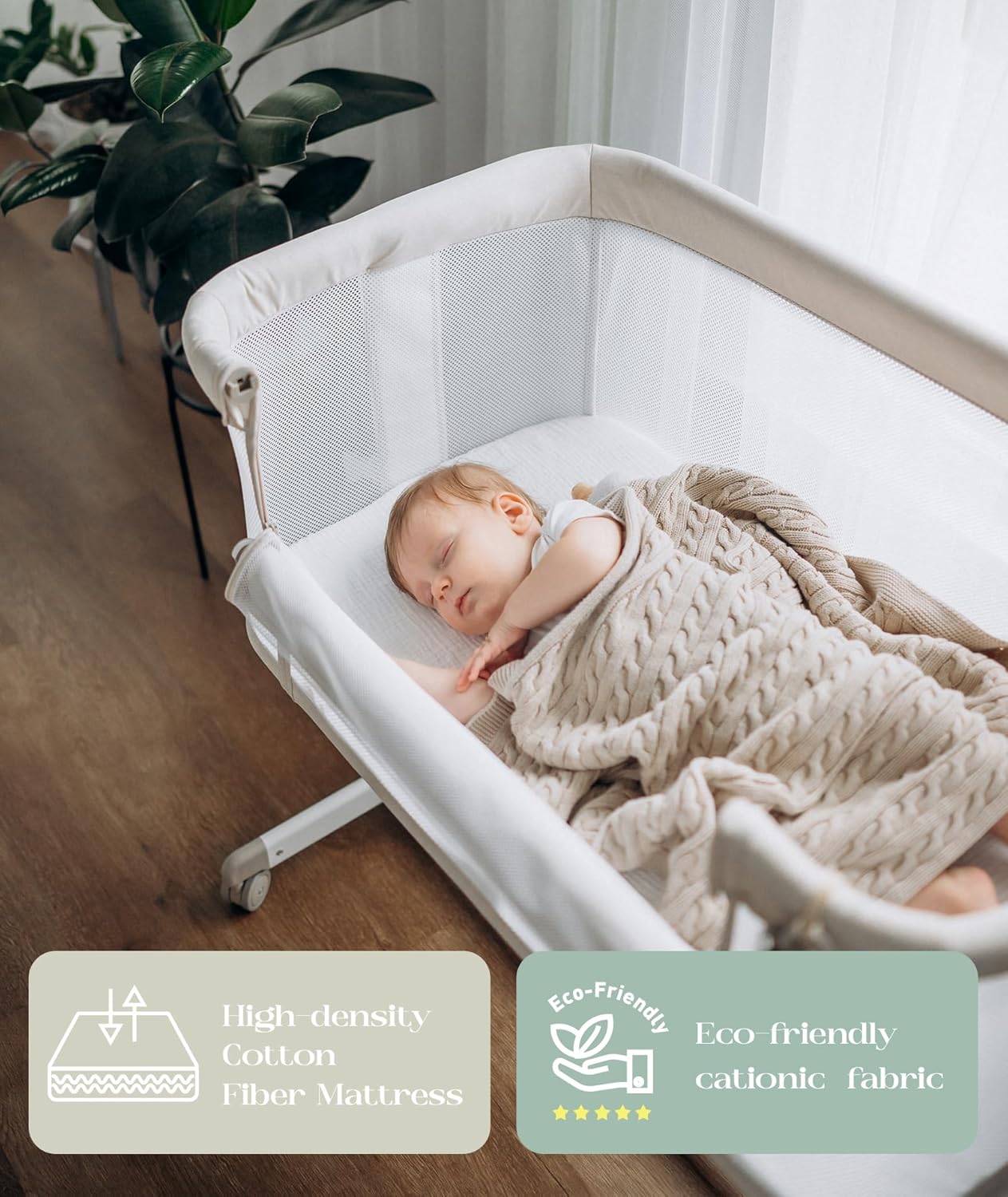 Fodoss Baby Bassinets Bedside Sleeper - All Mesh Bedside Bassinet with Wheels, 7 Height Adjustable Baby Bassinet for Infants, Beige · v2