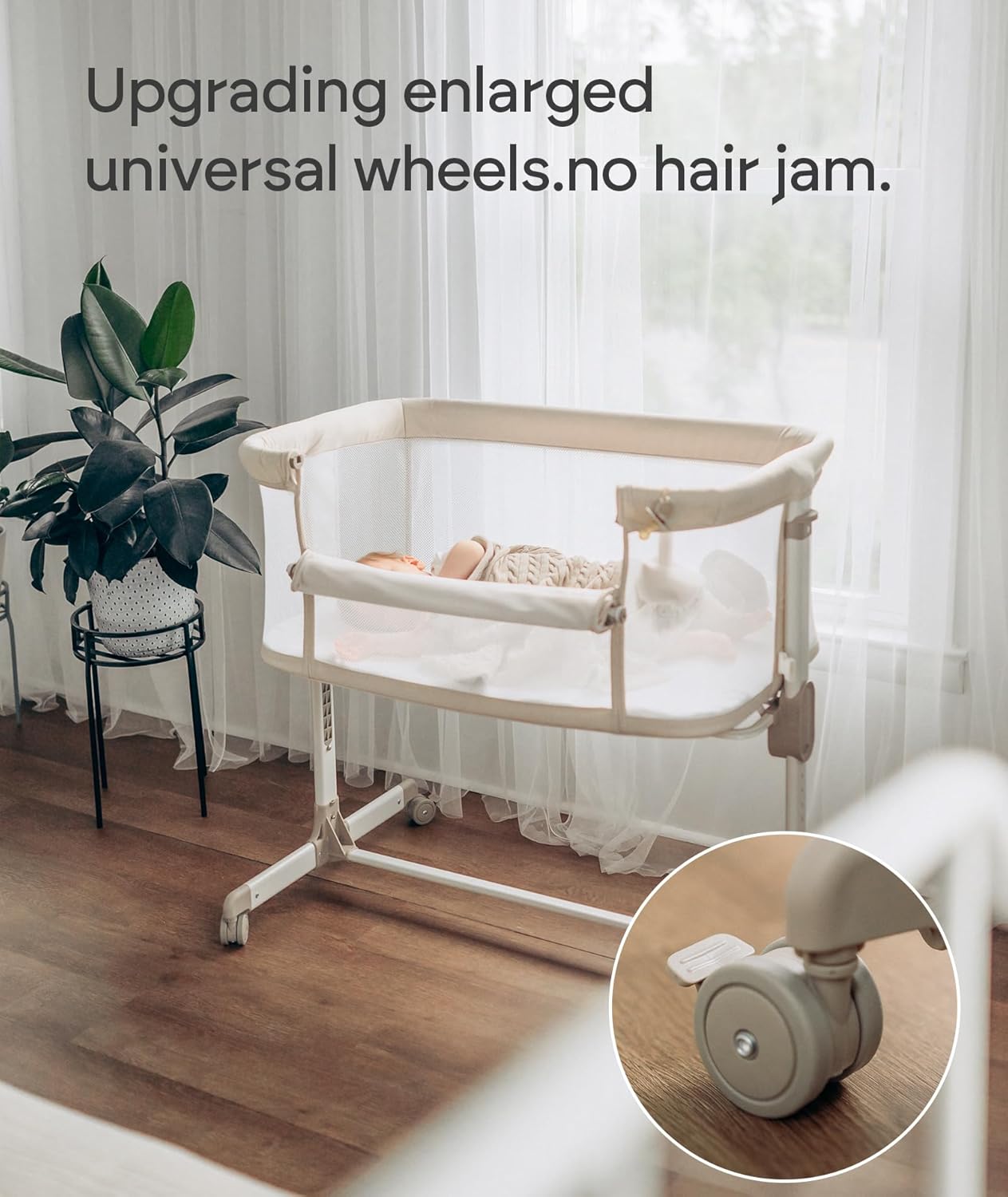 Fodoss Baby Bassinets Bedside Sleeper - All Mesh Bedside Bassinet with Wheels, 7 Height Adjustable Baby Bassinet for Infants, Beige · v2