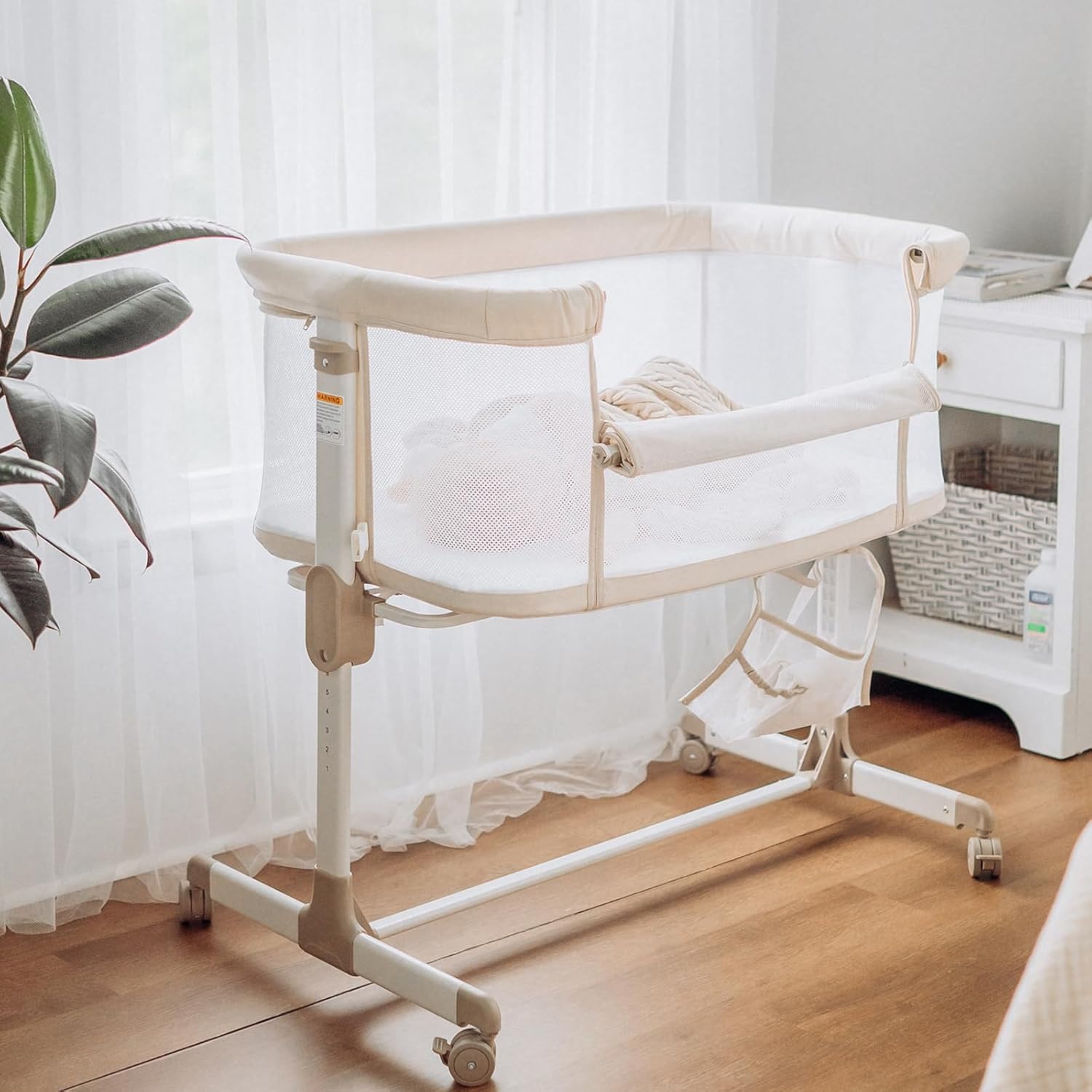 Fodoss Baby Bassinets Bedside Sleeper - All Mesh Bedside Bassinet with Wheels, 7 Height Adjustable Baby Bassinet for Infants, Beige · v2