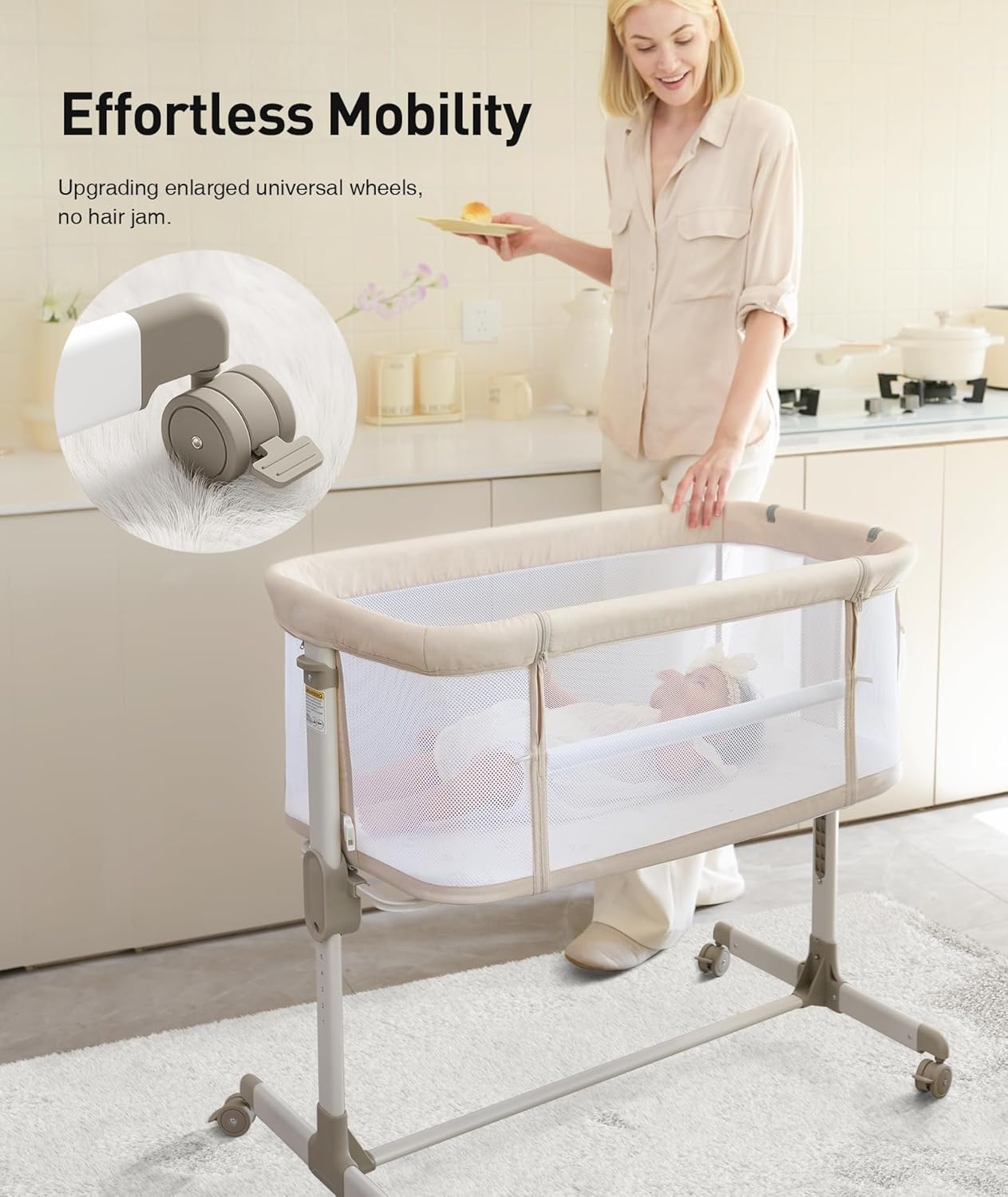 Fodoss Baby Bassinets Bedside Sleeper - All Mesh Bedside Bassinet with Wheels, 7 Height Adjustable Baby Bassinet for Infants, Beige · v2