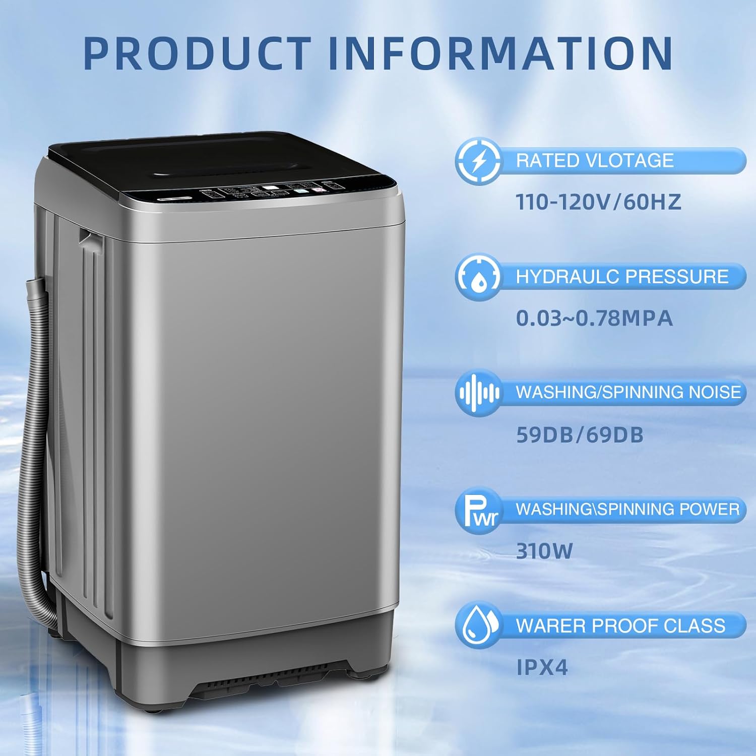 15.6lbs Full-Automatic Washing Machine, Portable Compact Laundry Washer with Drain Pump, 10 Programs 8 Water Levels with LED Display for RV, Camping, Apartment, Dorm, Dark-Grey · v3