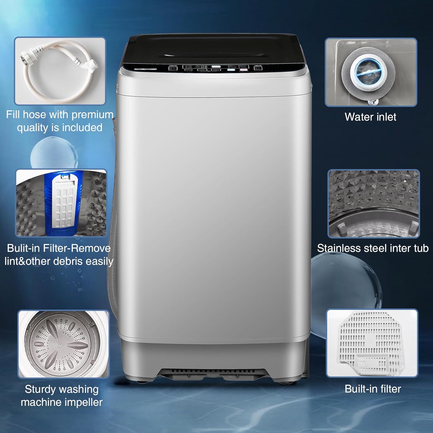 15.6lbs Full-Automatic Washing Machine, Portable Compact Laundry Washer with Drain Pump, 10 Programs 8 Water Levels with LED Display for RV, Camping, Apartment, Dorm, Dark-Grey · v3