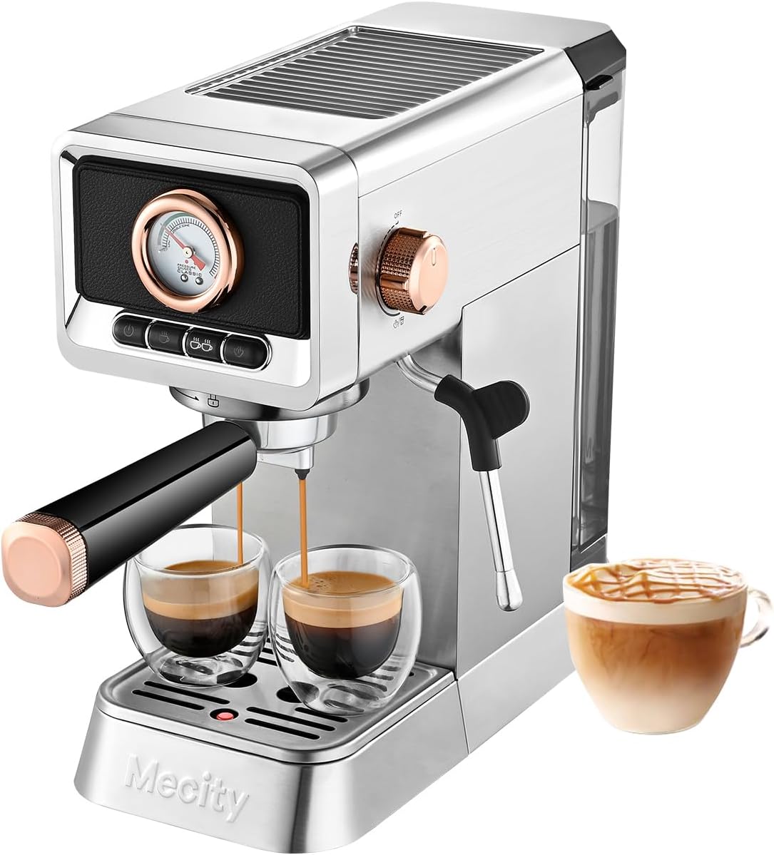 Mecity 20 Bar Espresso Machine with Milk Frother, Brushed Stainless Steel Shell, 37 fl.Oz Water Reservoir, Coffee Maker For Espresso, Latte, Mocha, Americano. 1400W · v2